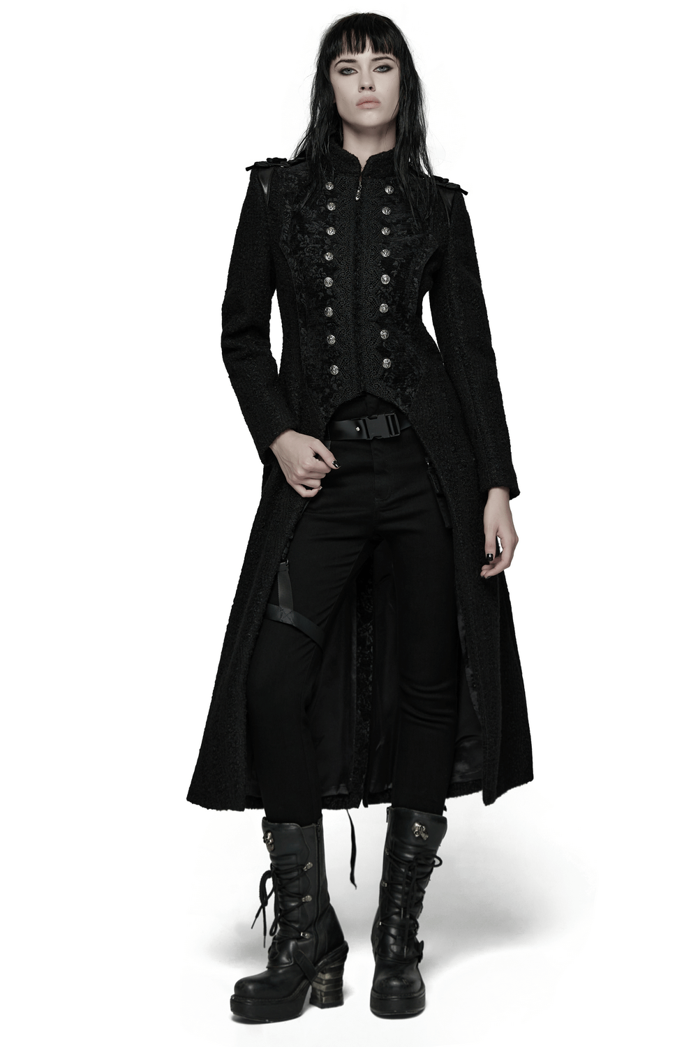 Gothic Long Black Double-Breasted Woolen Coat worn by model, featuring symmetrical lace trim and skull rivets.