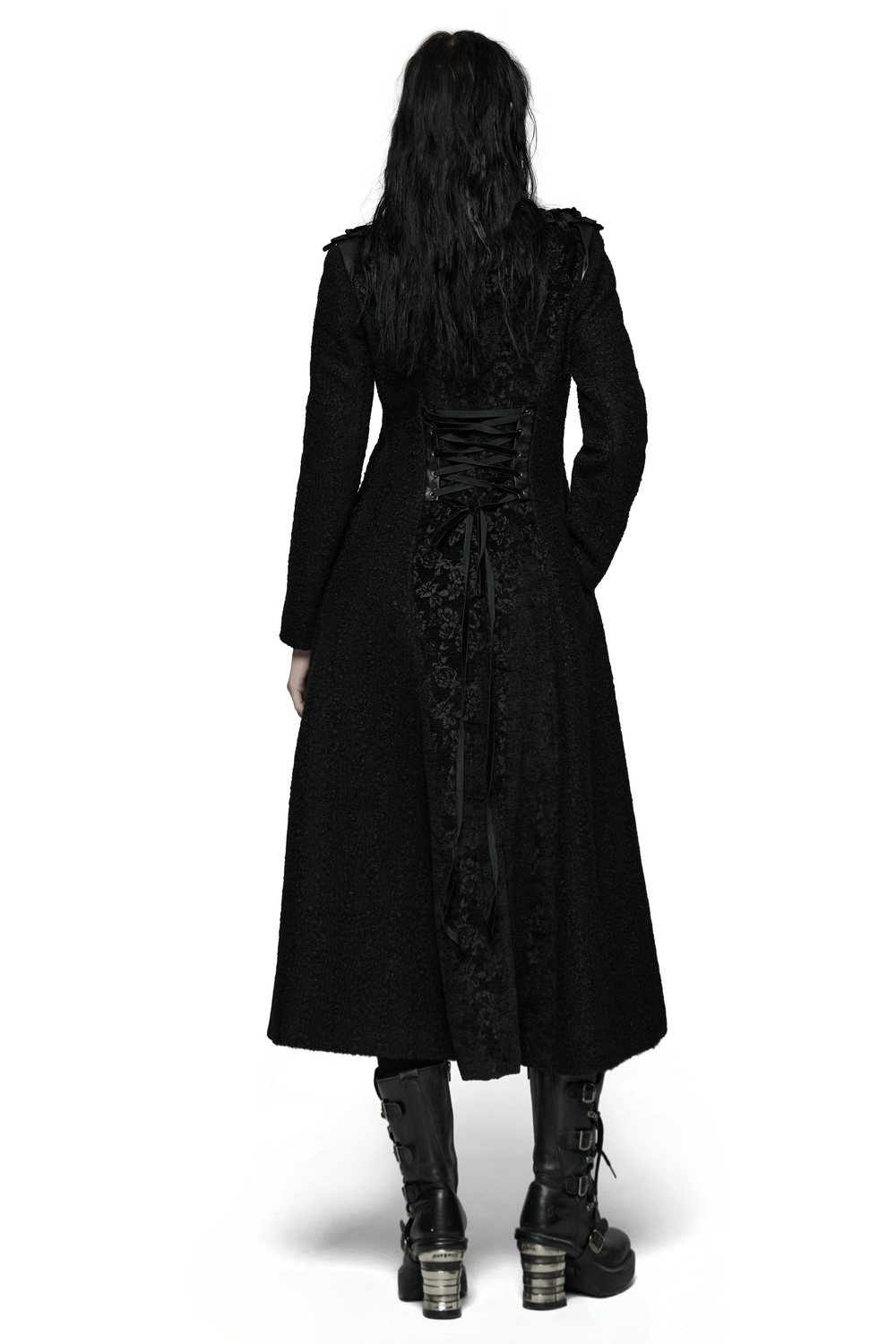 Gothic Long Black Double-Breasted Woolen Coat showcasing lace trim and dramatic A-line silhouette from the back.
