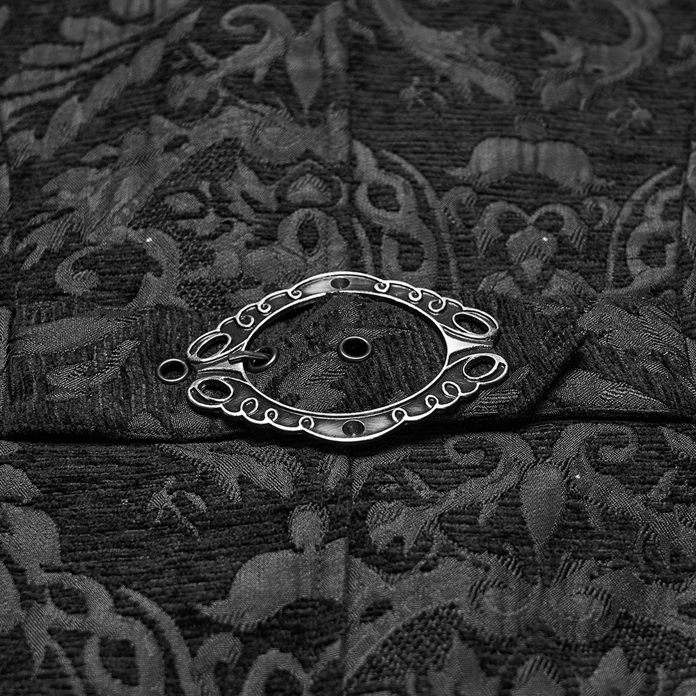 Gothic Long Brocade Coat with Faux Fur Collar and Cuffs detail showing elegant brocade design and ornate clasp.