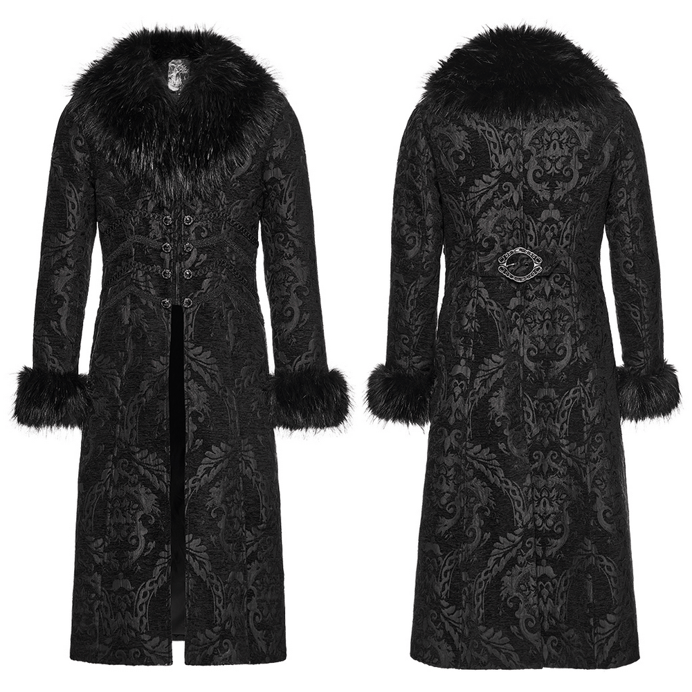 Gothic Long Brocade Coat with Faux Fur Collar and Cuffs featuring intricate detailing and elegant design.