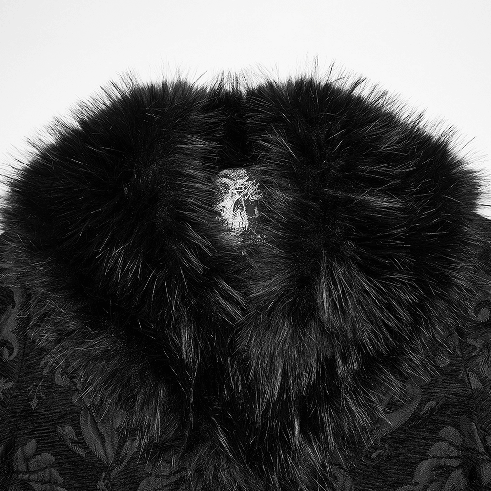 Gothic Long Brocade Coat with Faux Fur Collar and Cuffs close-up, showcasing luxe black faux fur.
