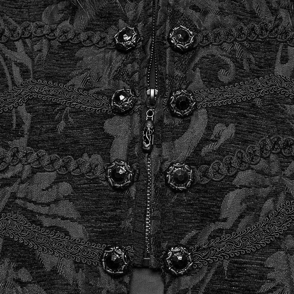 Gothic Long Brocade Coat with Faux Fur Collar and Cuffs featuring intricate button details and elegant embroidery.
