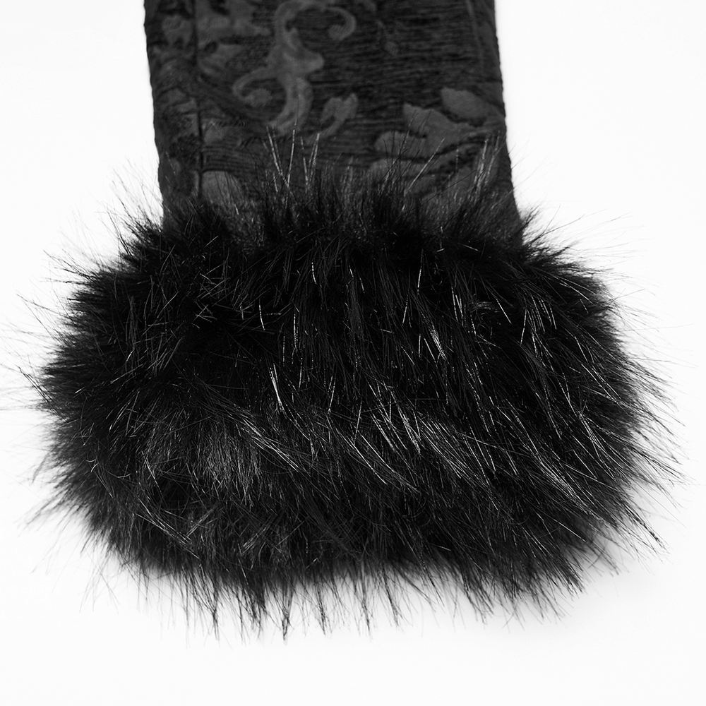 Gothic Long Brocade Coat with Faux Fur Collar and Cuffs - close-up of luxurious faux fur cuffs