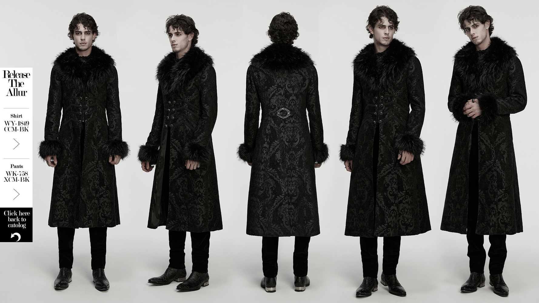 Gothic Long Brocade Coat with Faux Fur Collar and Cuffs showcased from all angles on a model.