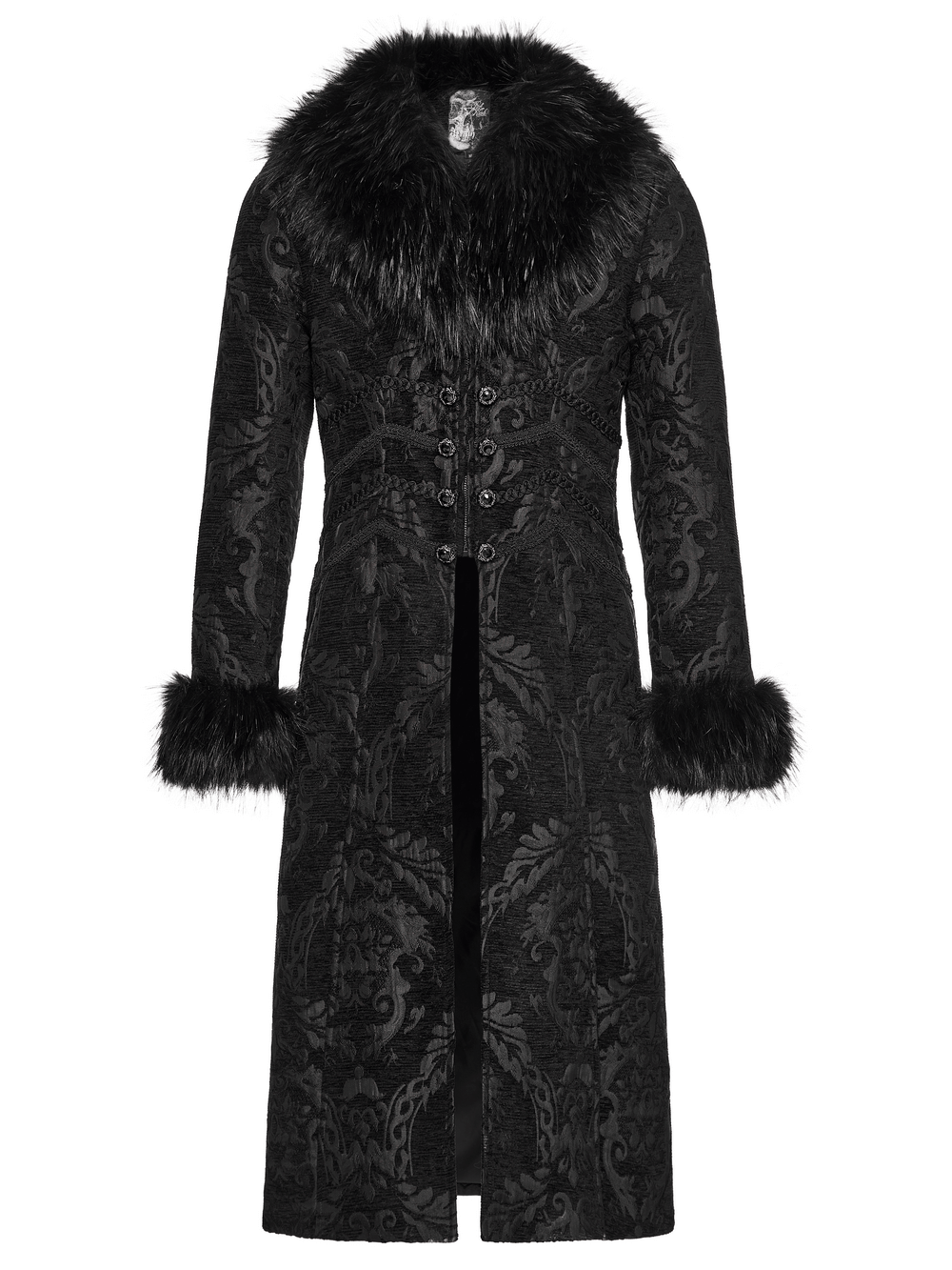 Gothic Long Brocade Coat with Faux Fur Collar and Cuffs showcasing intricate black patterns and soft fur accents.