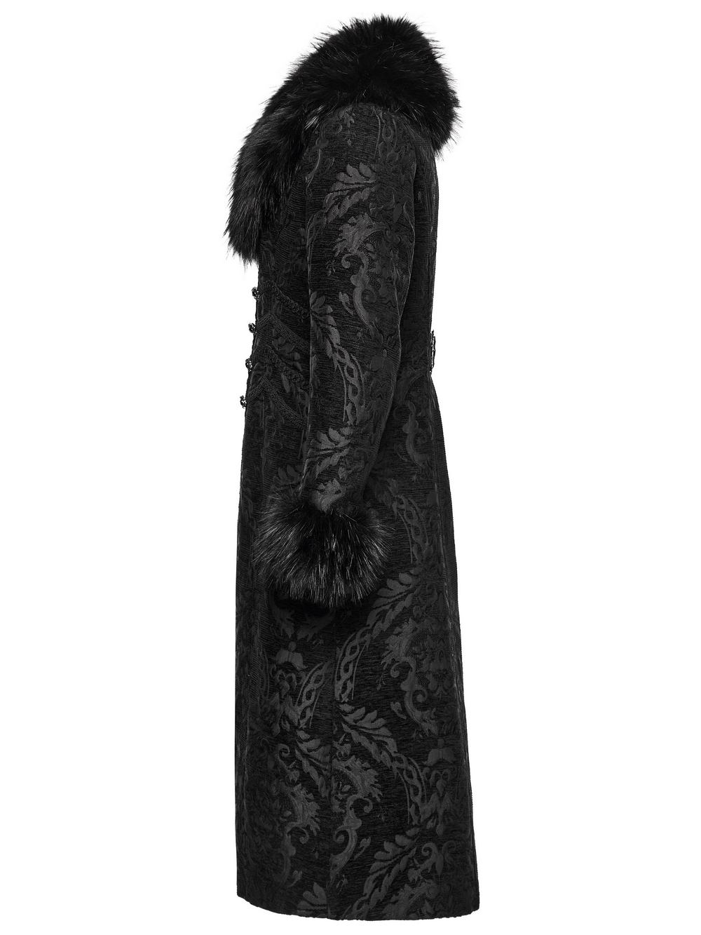 Gothic Long Brocade Coat with Faux Fur Collar and Cuffs, showcasing intricate detailing and luxurious faux fur accents.
