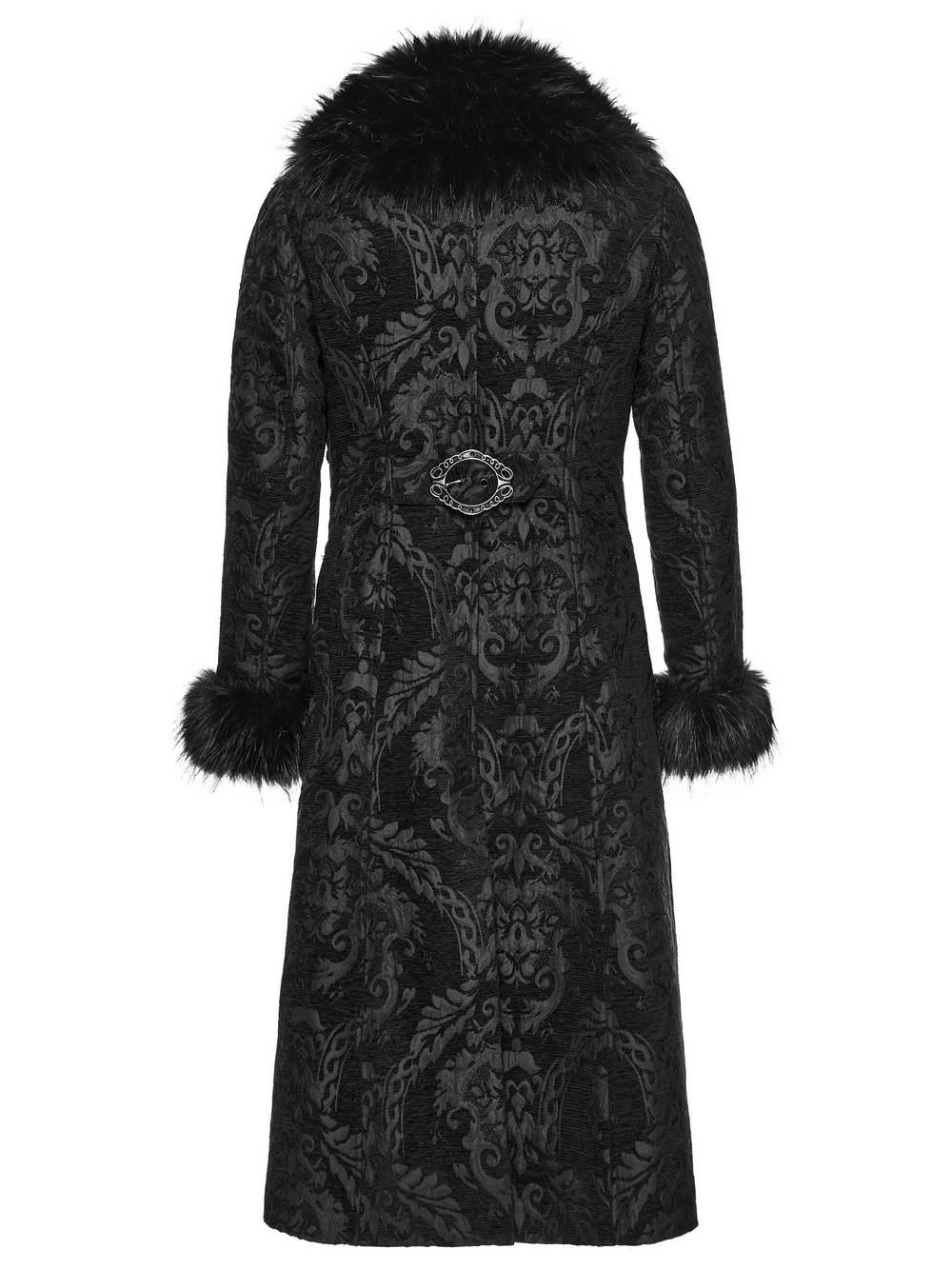Gothic Long Brocade Coat with Faux Fur Collar and Cuffs displayed from the back showcasing detailed pattern and faux fur accents.