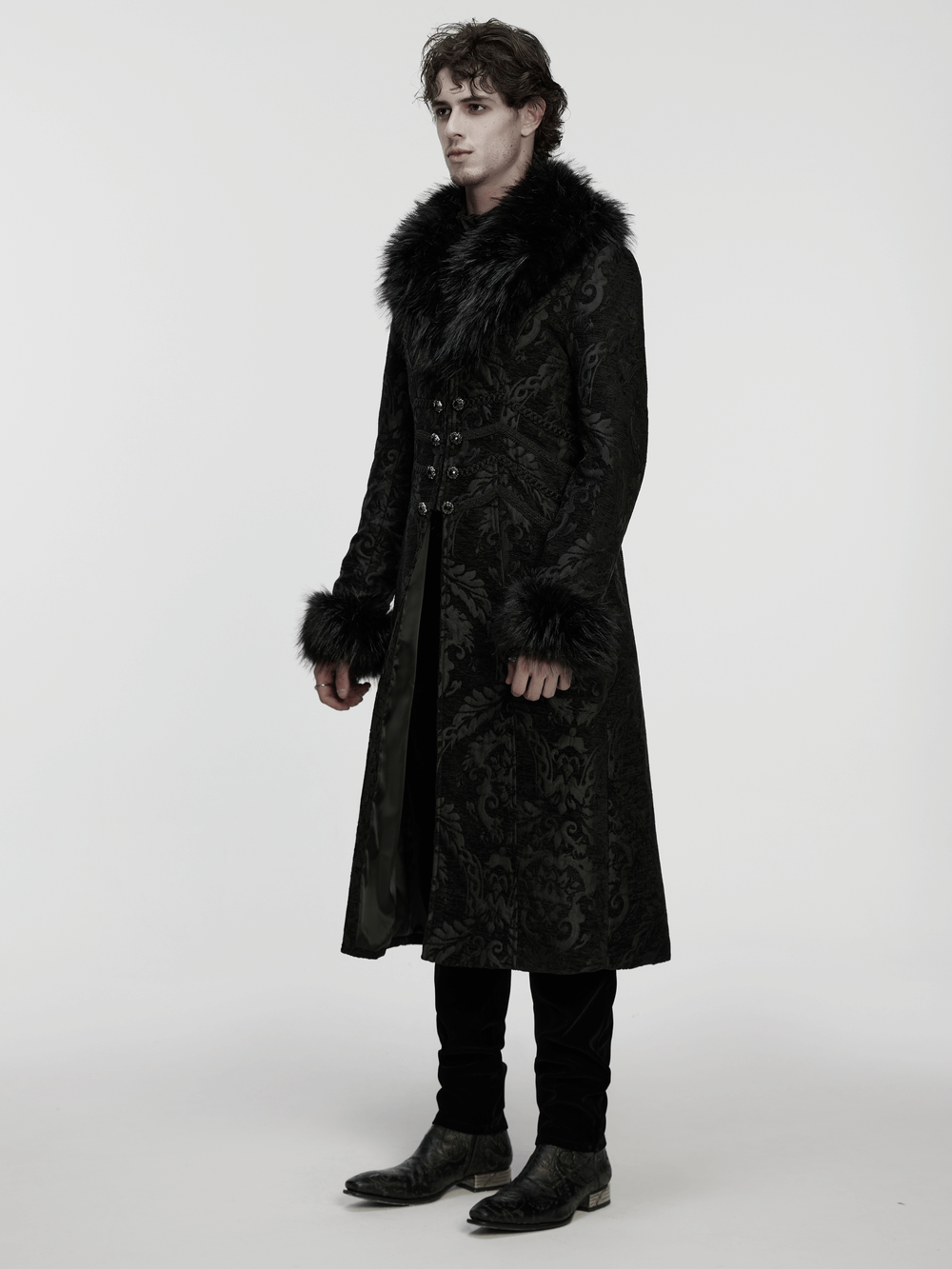 Gothic Long Brocade Coat with Faux Fur Collar and Cuffs worn by a model in a stylish pose.