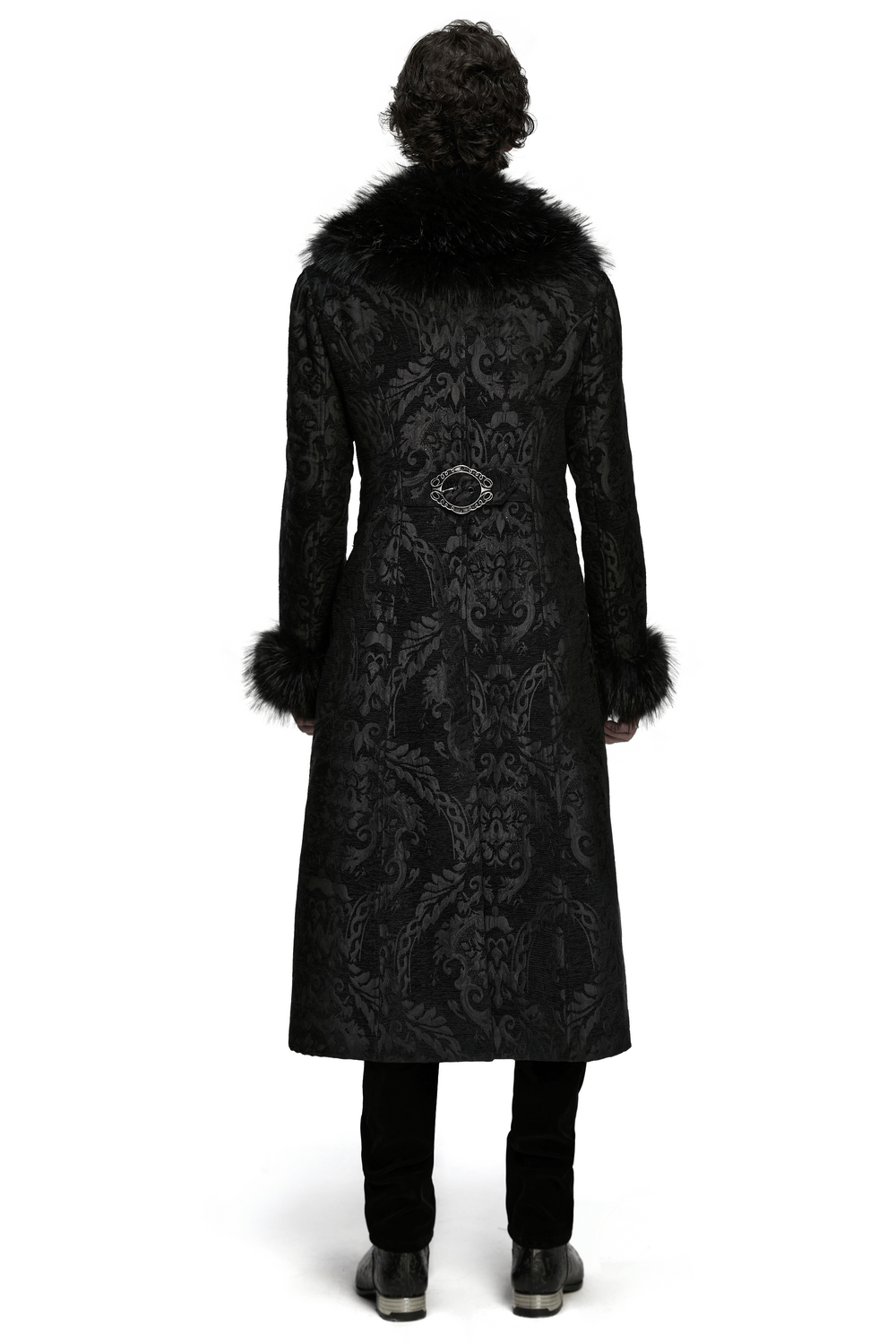 Gothic Long Brocade Coat with Faux Fur Collar and Cuffs, showcasing its intricate design from the back.