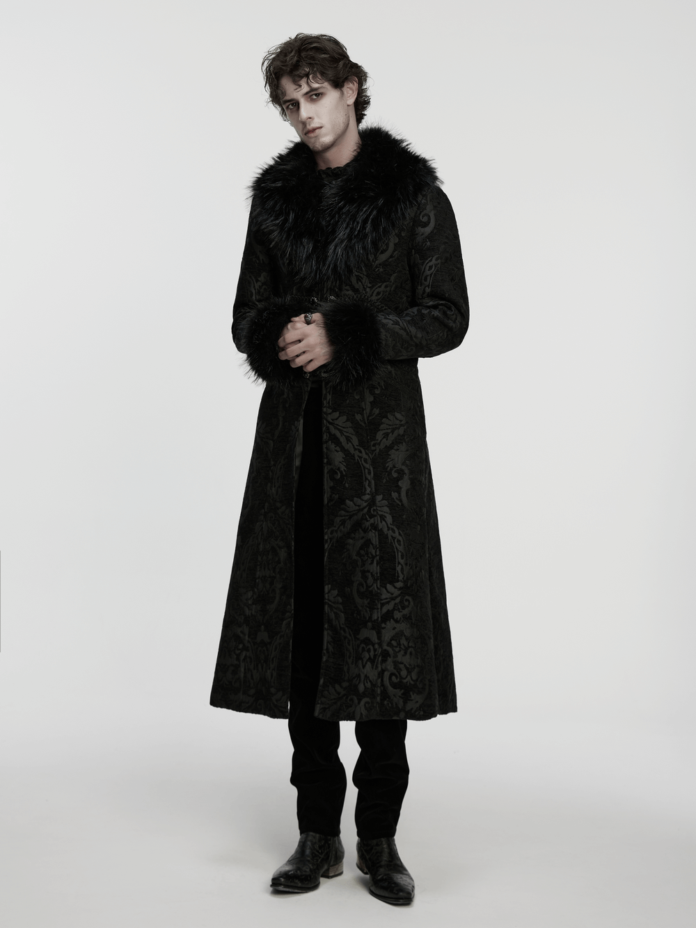 Gothic Long Brocade Coat with Faux Fur Collar and Cuffs worn by a model against a plain background.