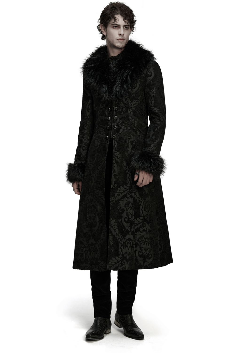 Gothic Long Brocade Coat with Faux Fur Collar and Cuffs displayed on a model, exuding dark elegance.