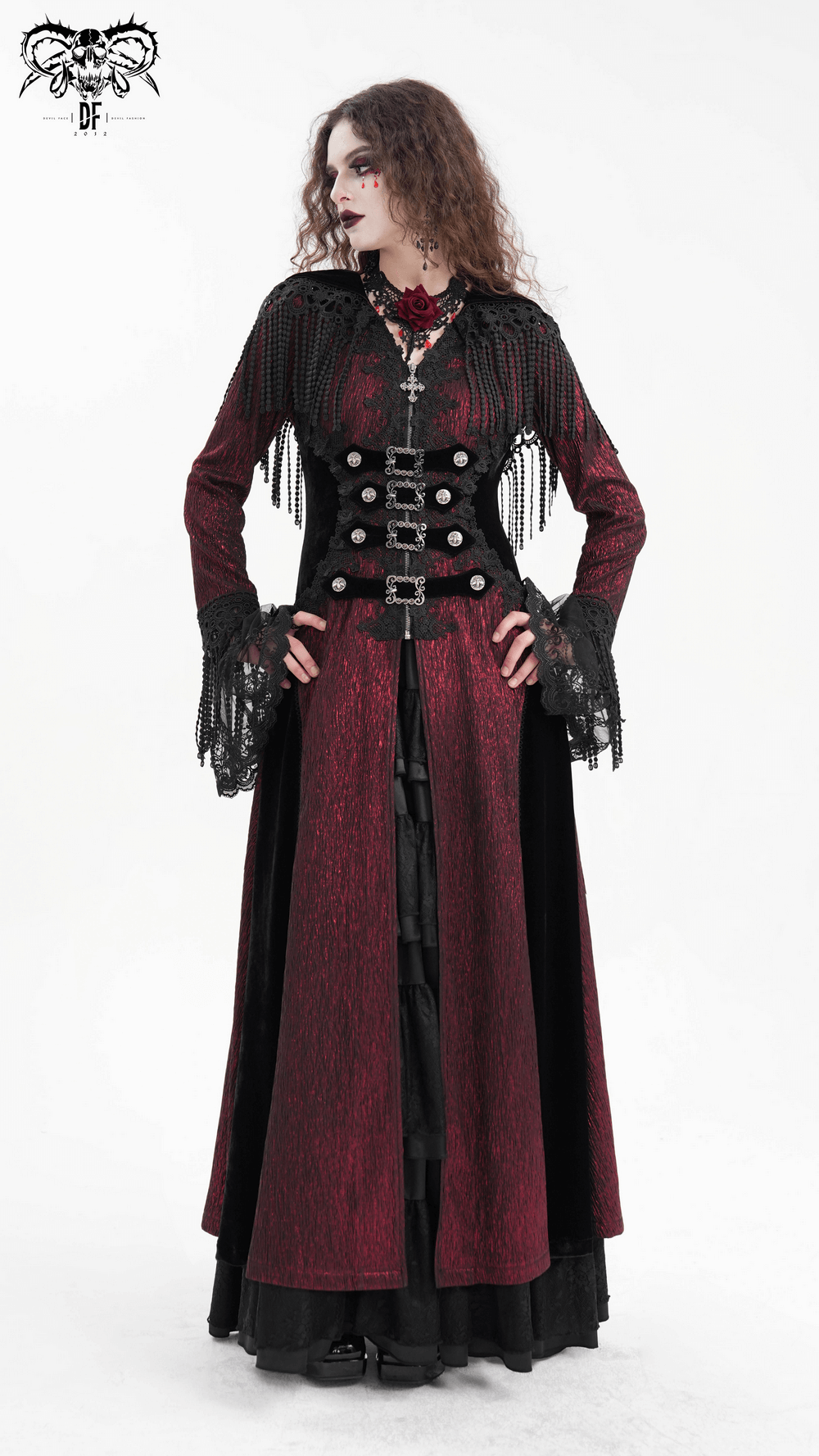 Gothic Long Cape with Hooded Lace and Button Details