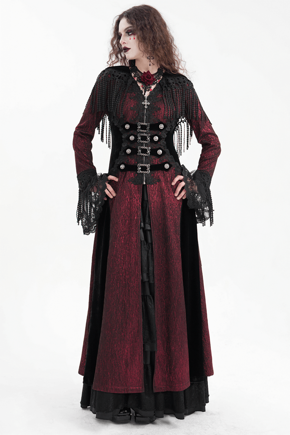 Gothic long cape with hood, lace accents, and button details in black and wine red for a Victorian-inspired look.