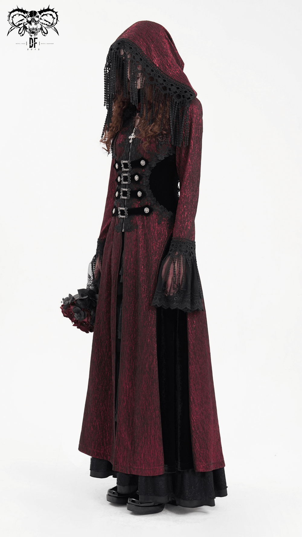 Gothic long cape in black and wine red with hood, lace, and button details for a Victorian-inspired look.