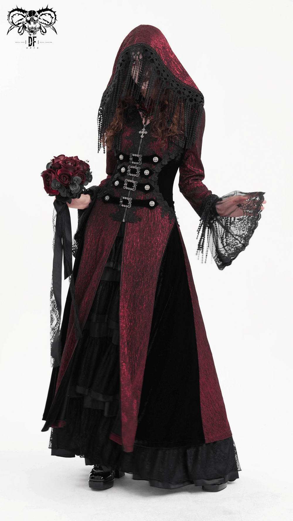 Gothic long cape with hood, lace details, and button accents in black and wine red, exuding Victorian elegance.