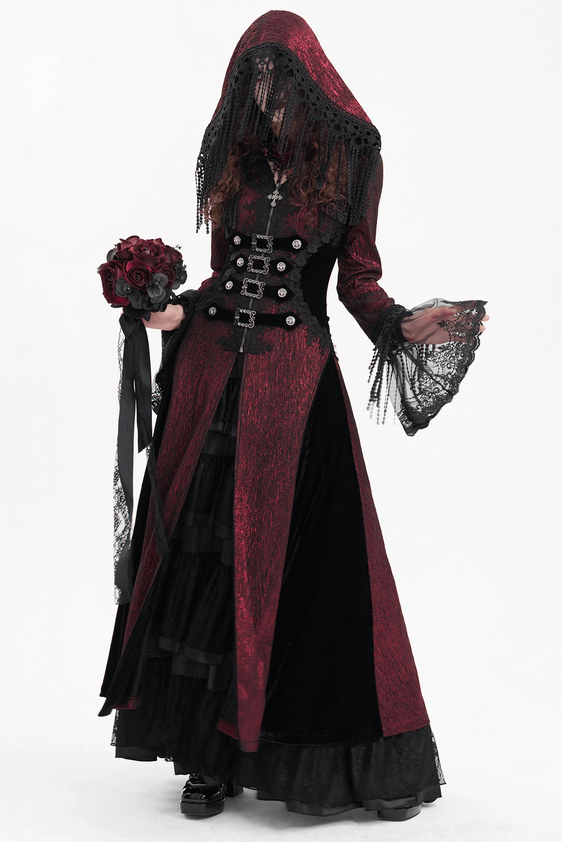 Gothic long cape with hood, lace details, and button accents in black and wine red, exuding Victorian elegance.