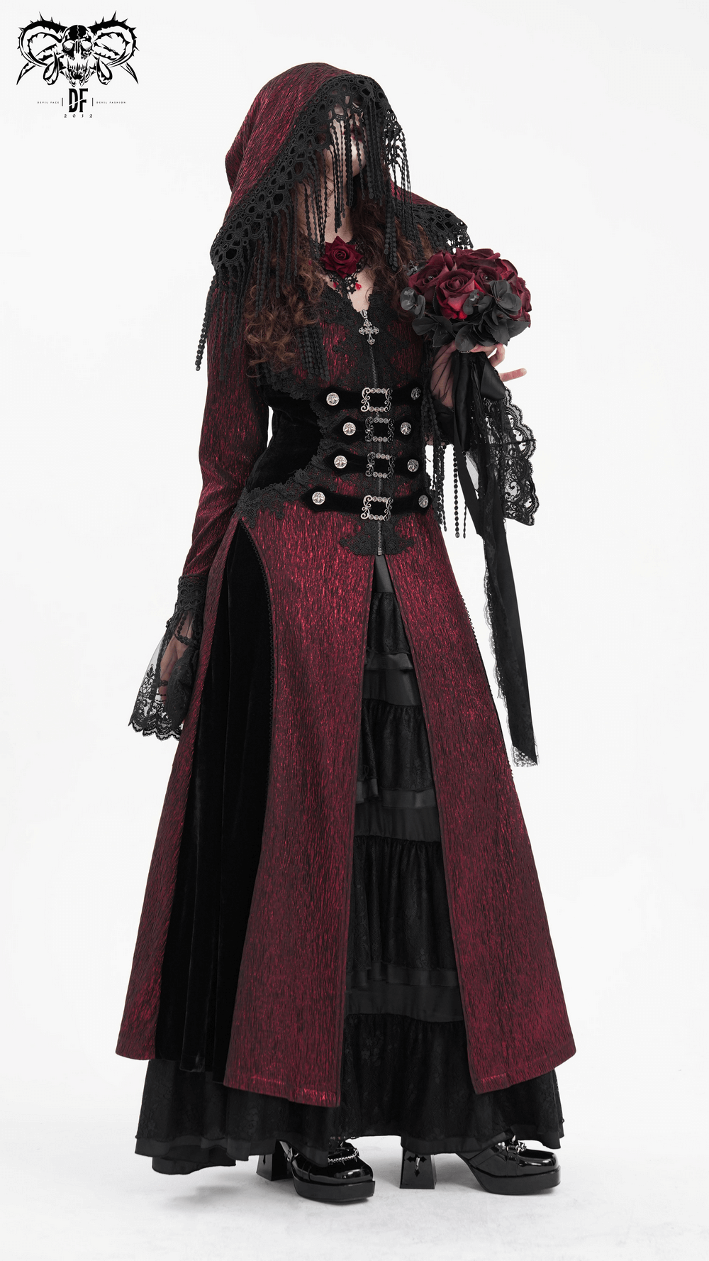 Gothic long hooded cape in black and wine, featuring lace detailing, buttons, and a Victorian-inspired design.