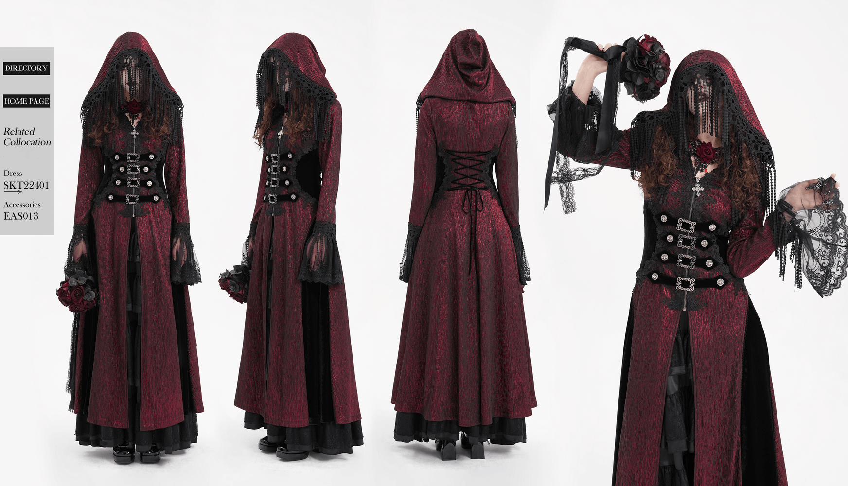 Gothic long cape with hooded lace and button details in black and wine red, featuring elegant Victorian-inspired design.