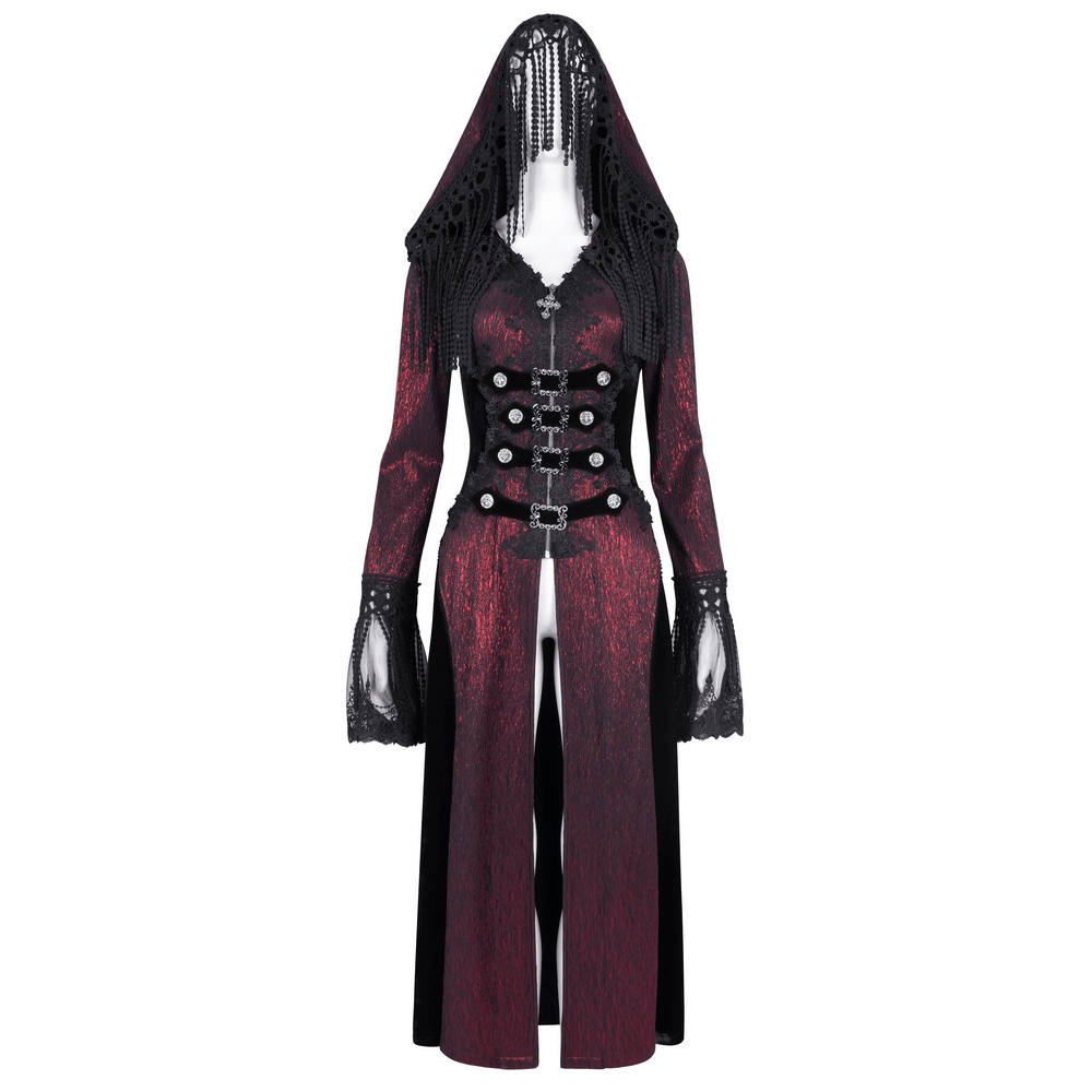 Gothic Long Cape with Hooded Lace and Button Details