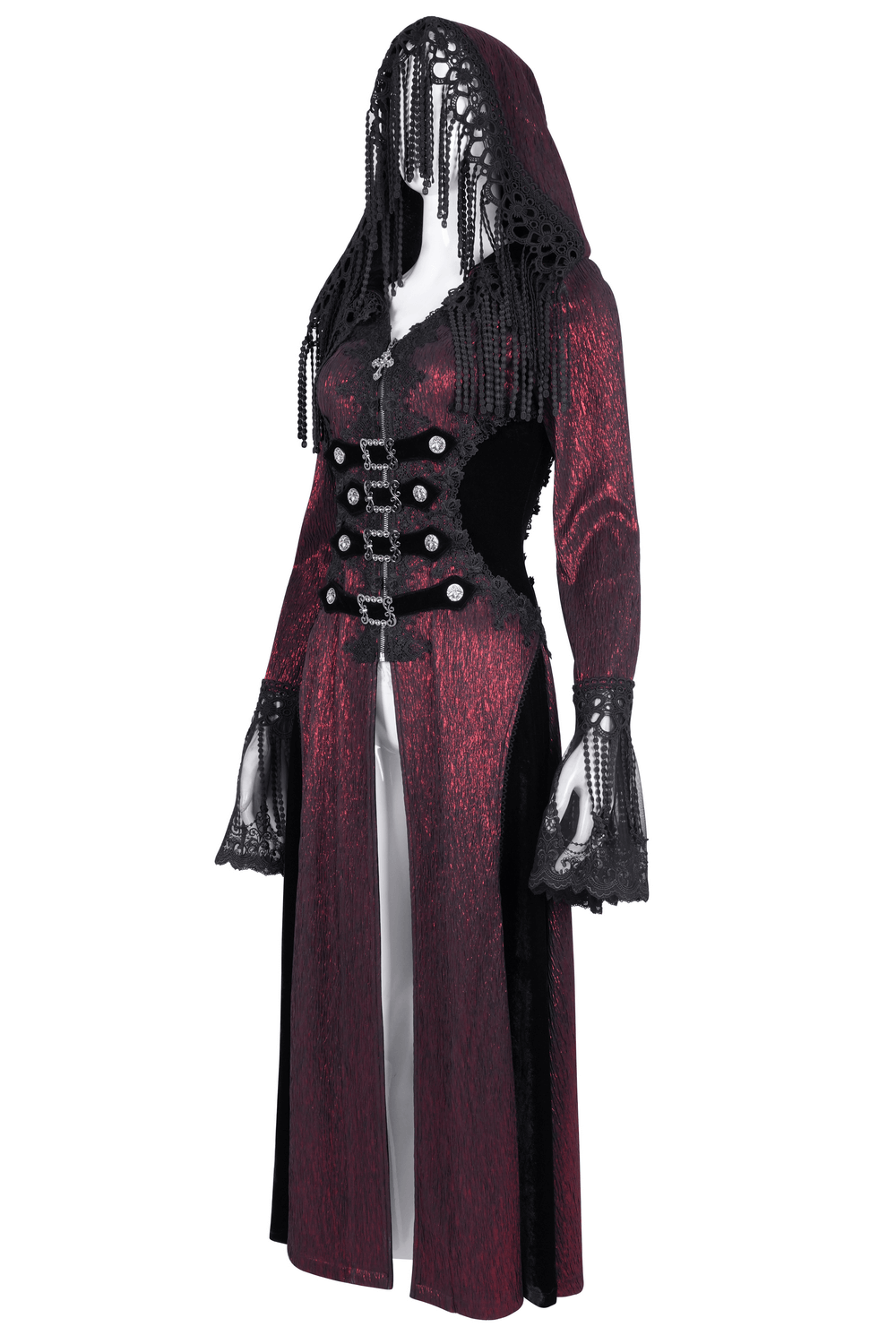 Gothic long cape in black and wine red with hood, lace details, silver buttons, and elegant belt for a Victorian-inspired look.