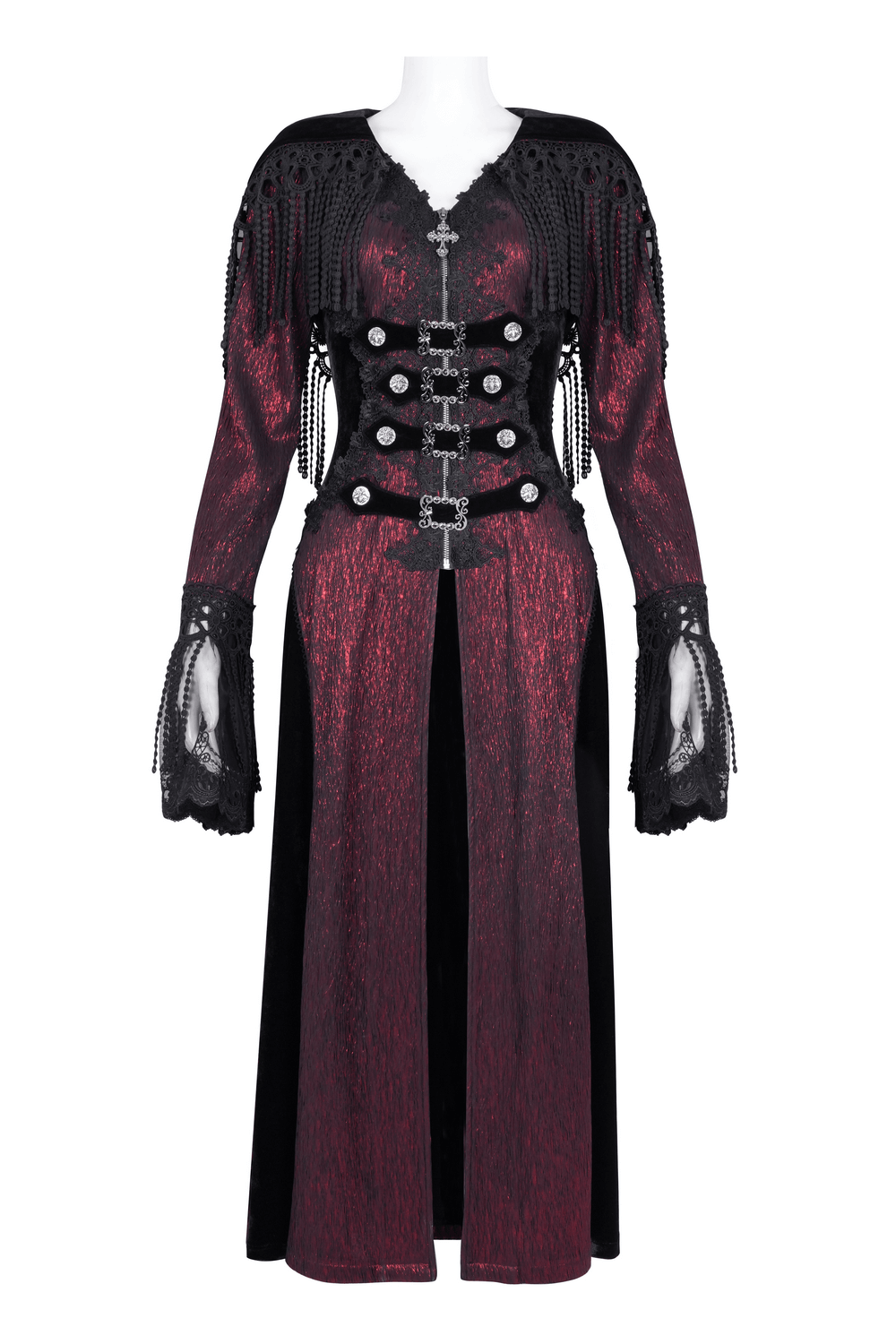 Gothic long hooded cape in black and wine red with lace, button accents, and elegant belt closure for Victorian-inspired style.