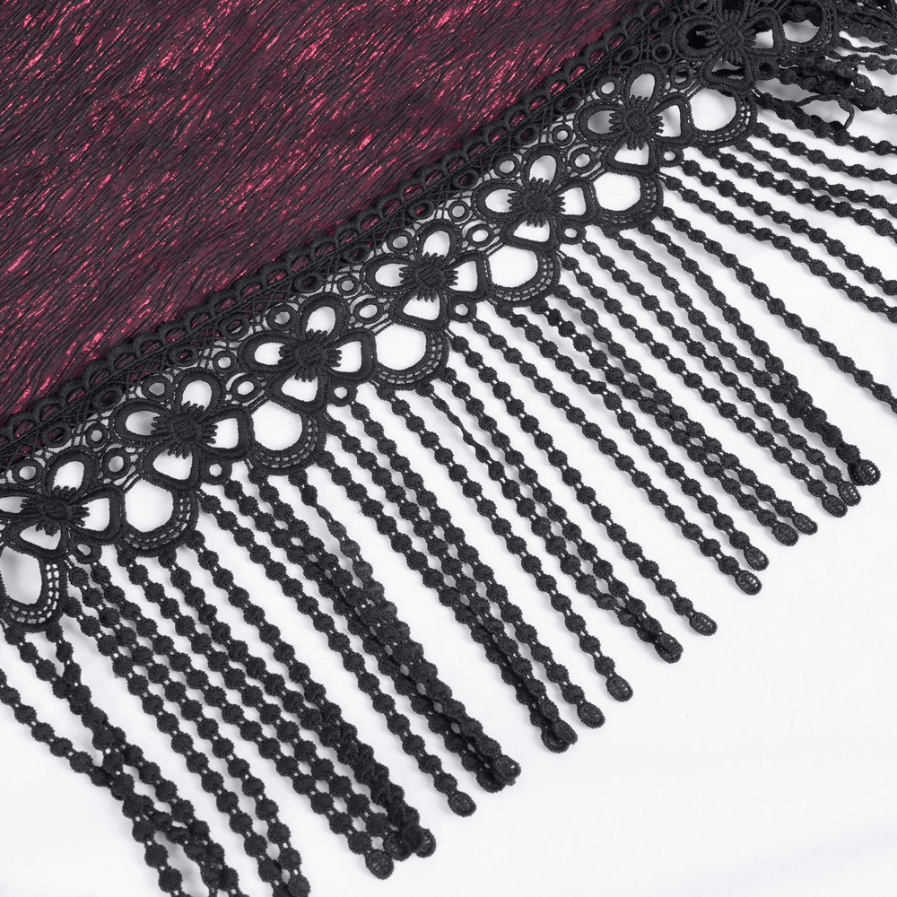 Intricate black lace detailing with bead accents on a wine red fabric, enhancing Gothic elegance.