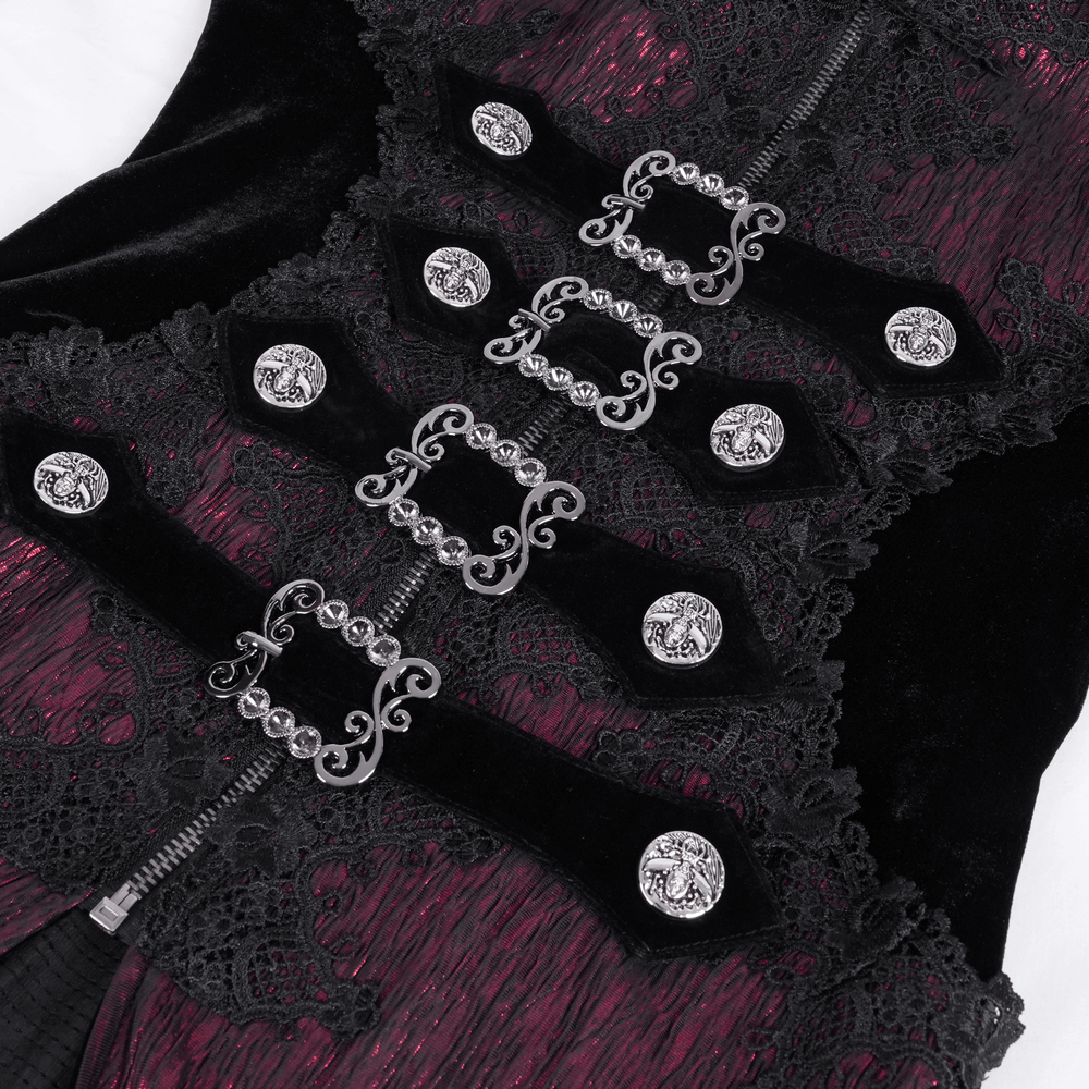 Close-up of Gothic long cape detailing with black lace, silver-tone buttons, and elegant belt accents.