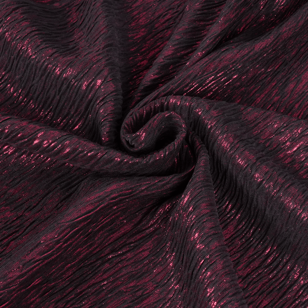 Close-up of luxurious black and wine red textured fabric with shimmering accents, perfect for Gothic apparel.