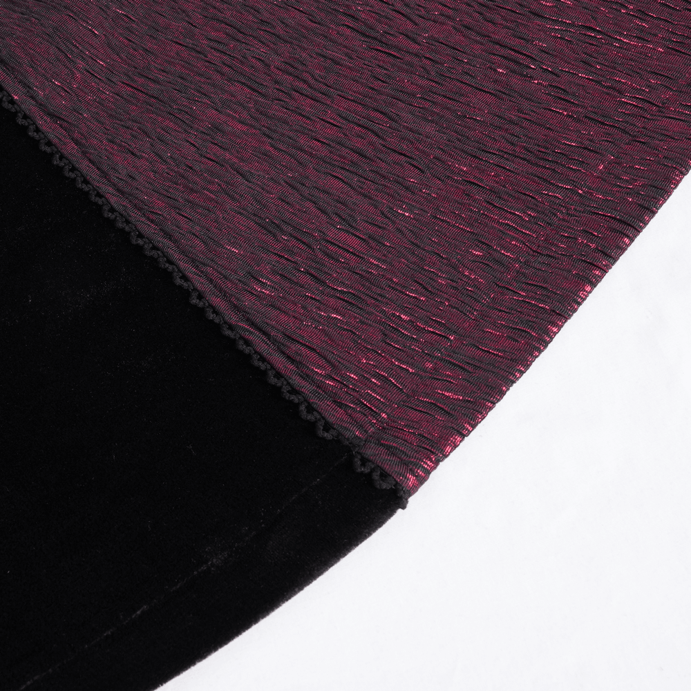 Close-up of luxurious black and wine red fabric textures, showcasing rich hues for a Gothic long cape.