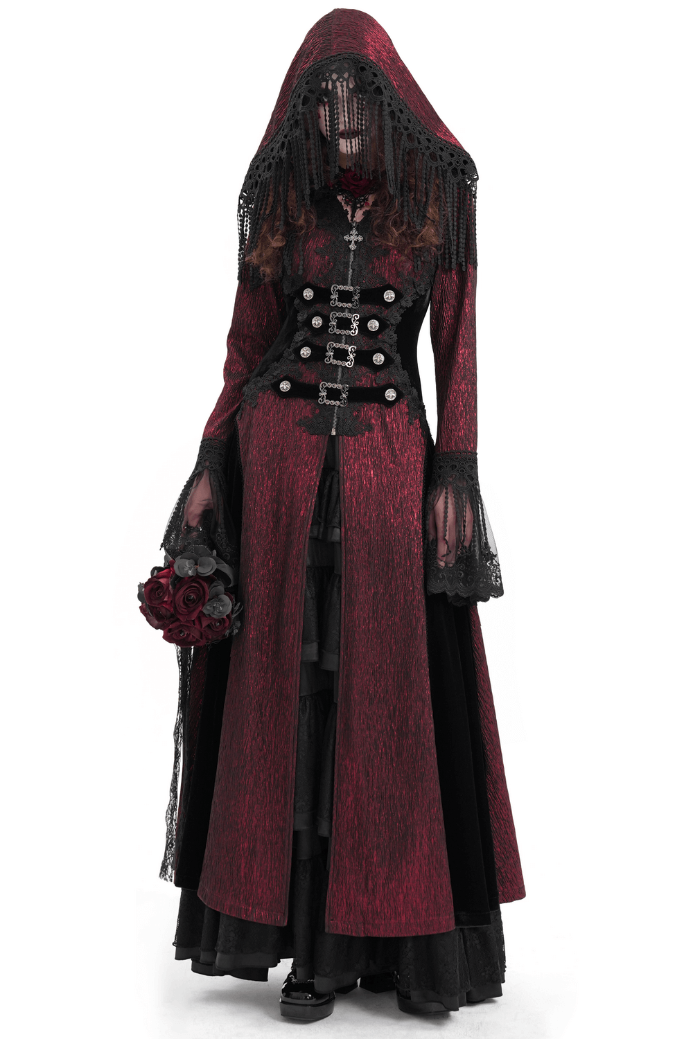 Gothic Long Cape with Hooded Lace and Button Details