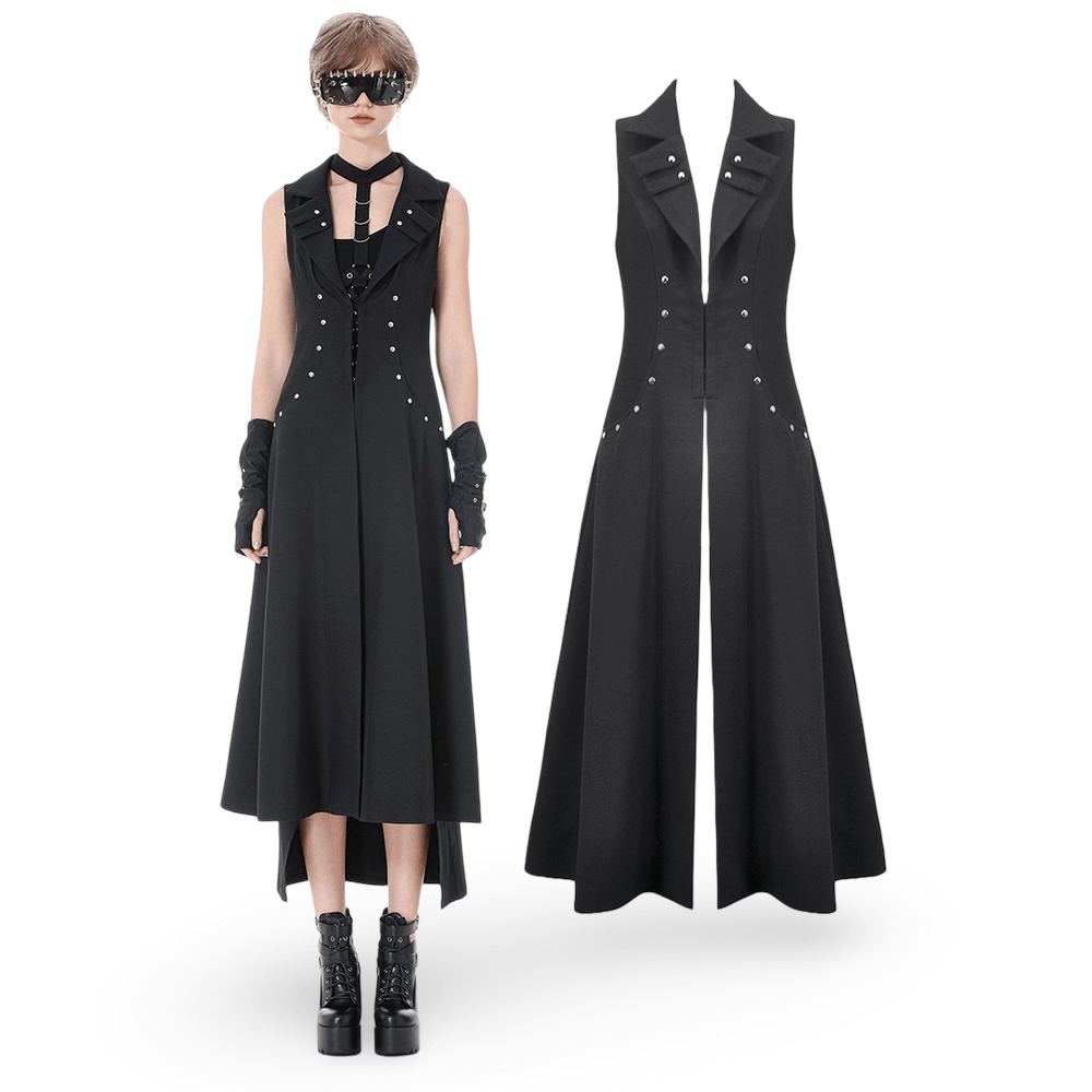 Gothic Long Cape with Studded Detail and Open Front showcased on model, emphasizing edgy style and structured design.