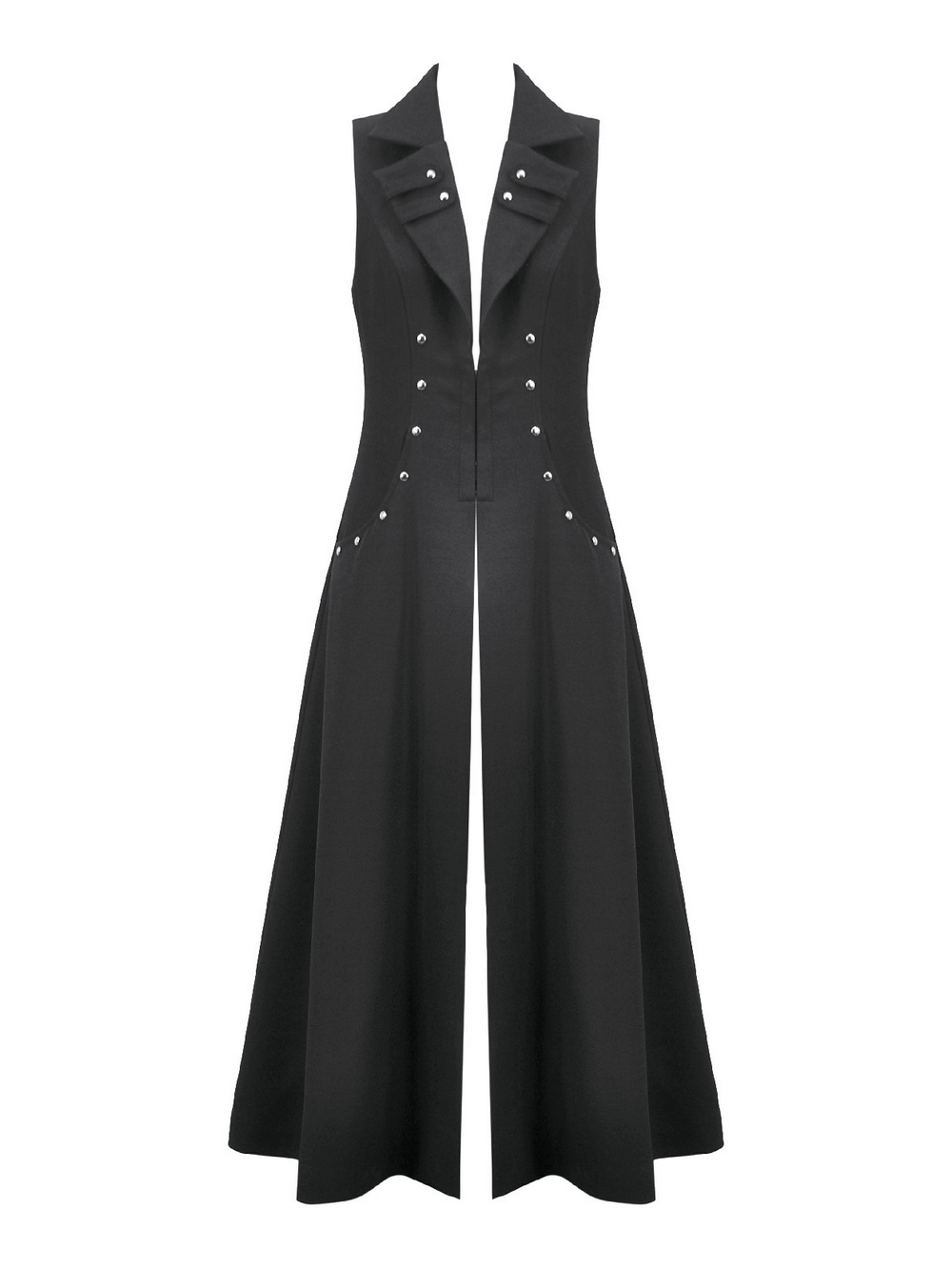 Gothic Long Cape with Studded Detail and Open Front - Edgy fashion piece with silver studs and flattering open-front design.