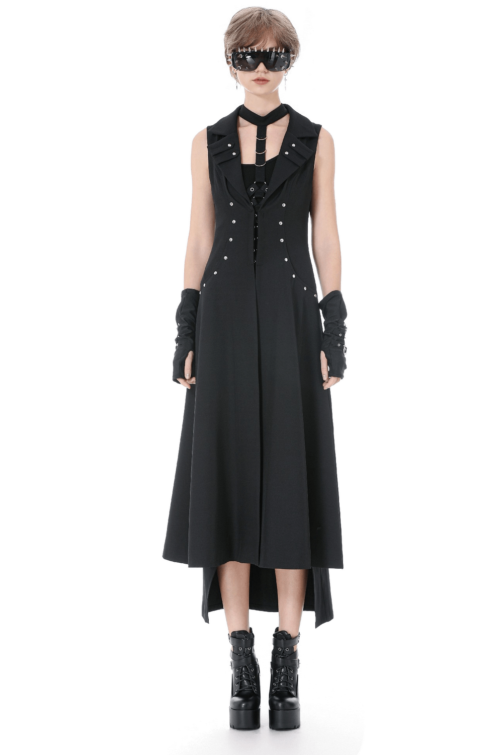 Gothic Long Cape with Studded Detail and Open Front worn by model with edgy accessories.
