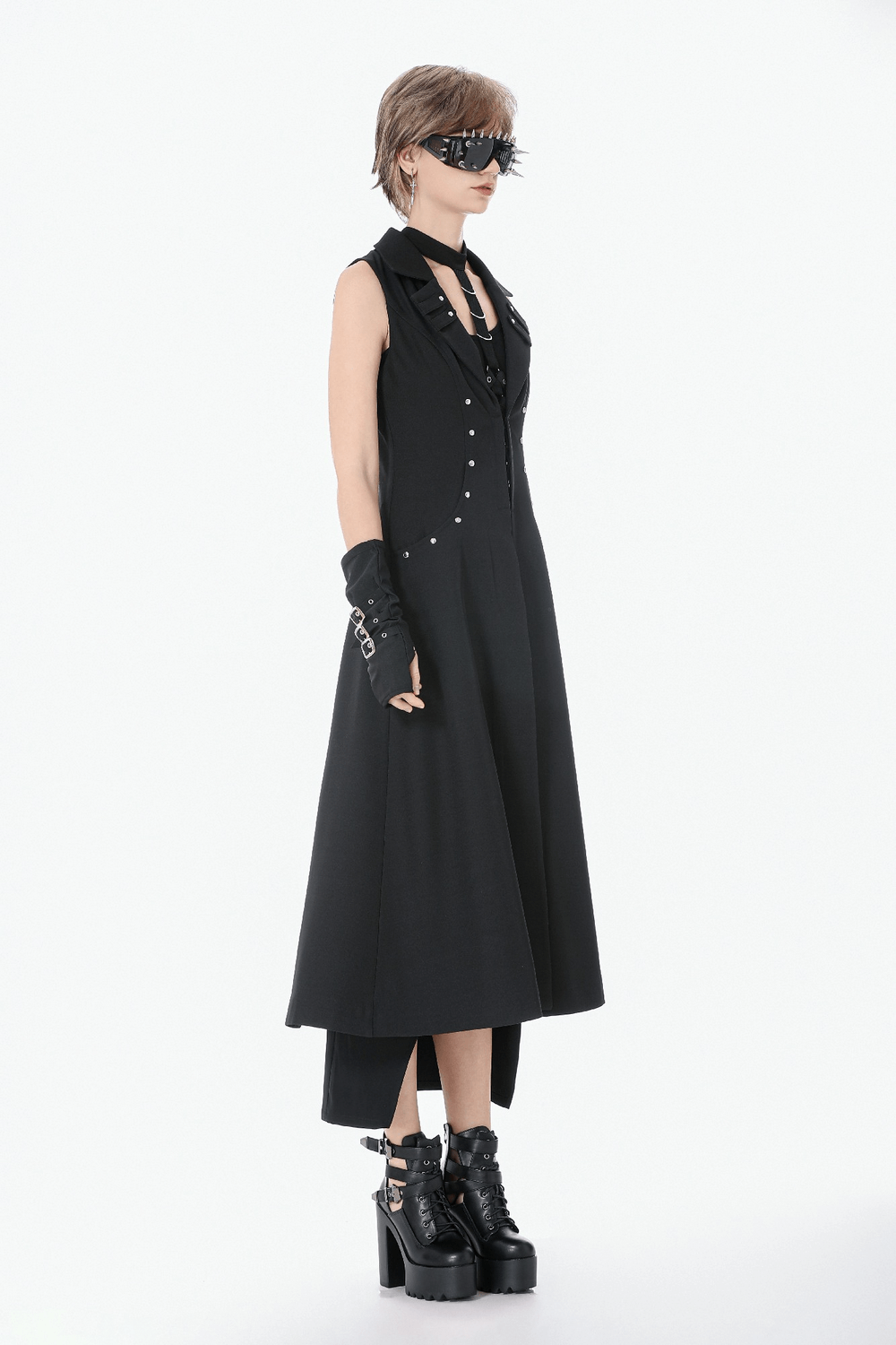 Gothic Long Cape with Studded Detail and Open Front worn by a model, showcasing unique edgy style and bold fashion.