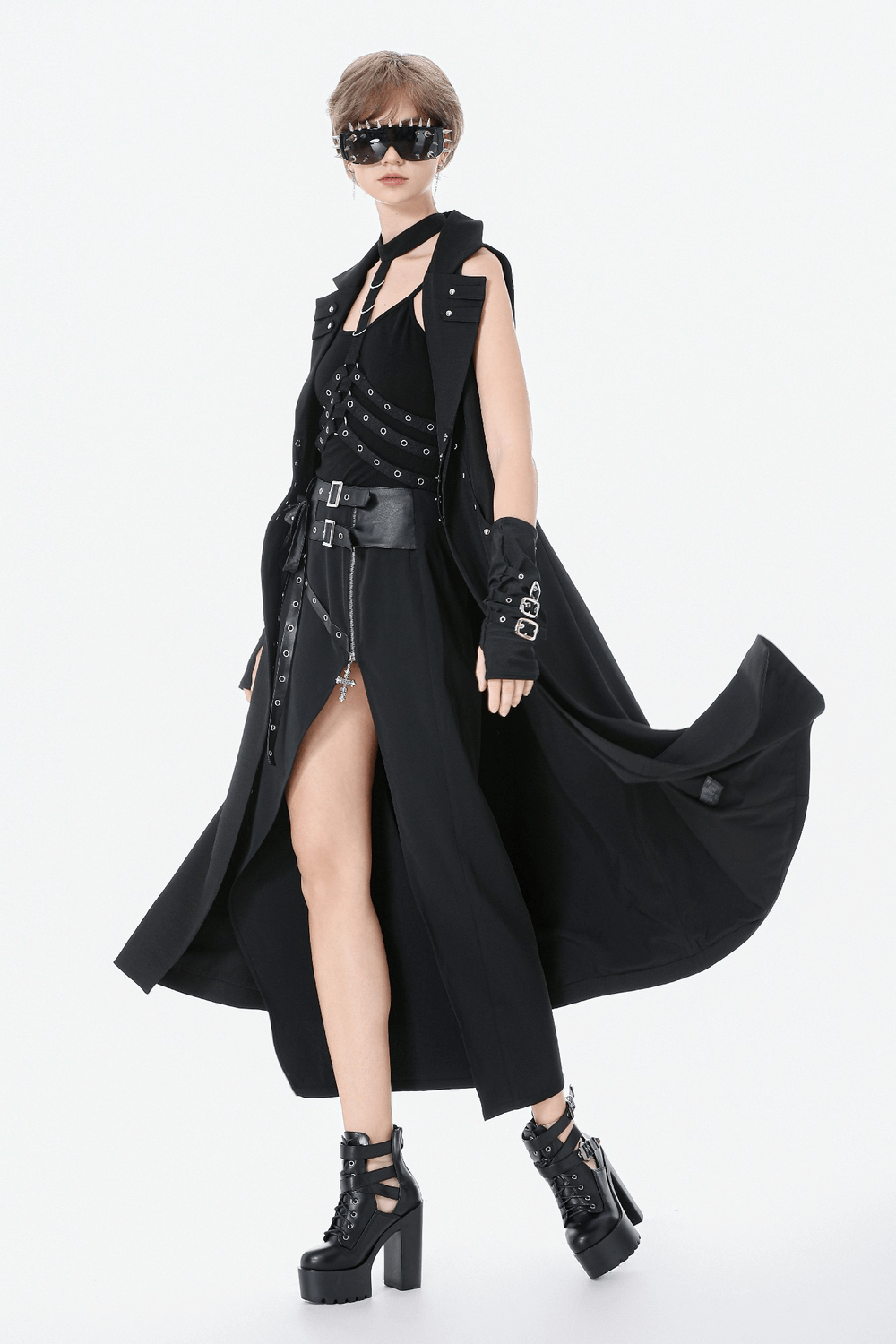 Gothic Long Cape with Studded Detail and Open Front worn by a model, showcasing bold goth fashion.