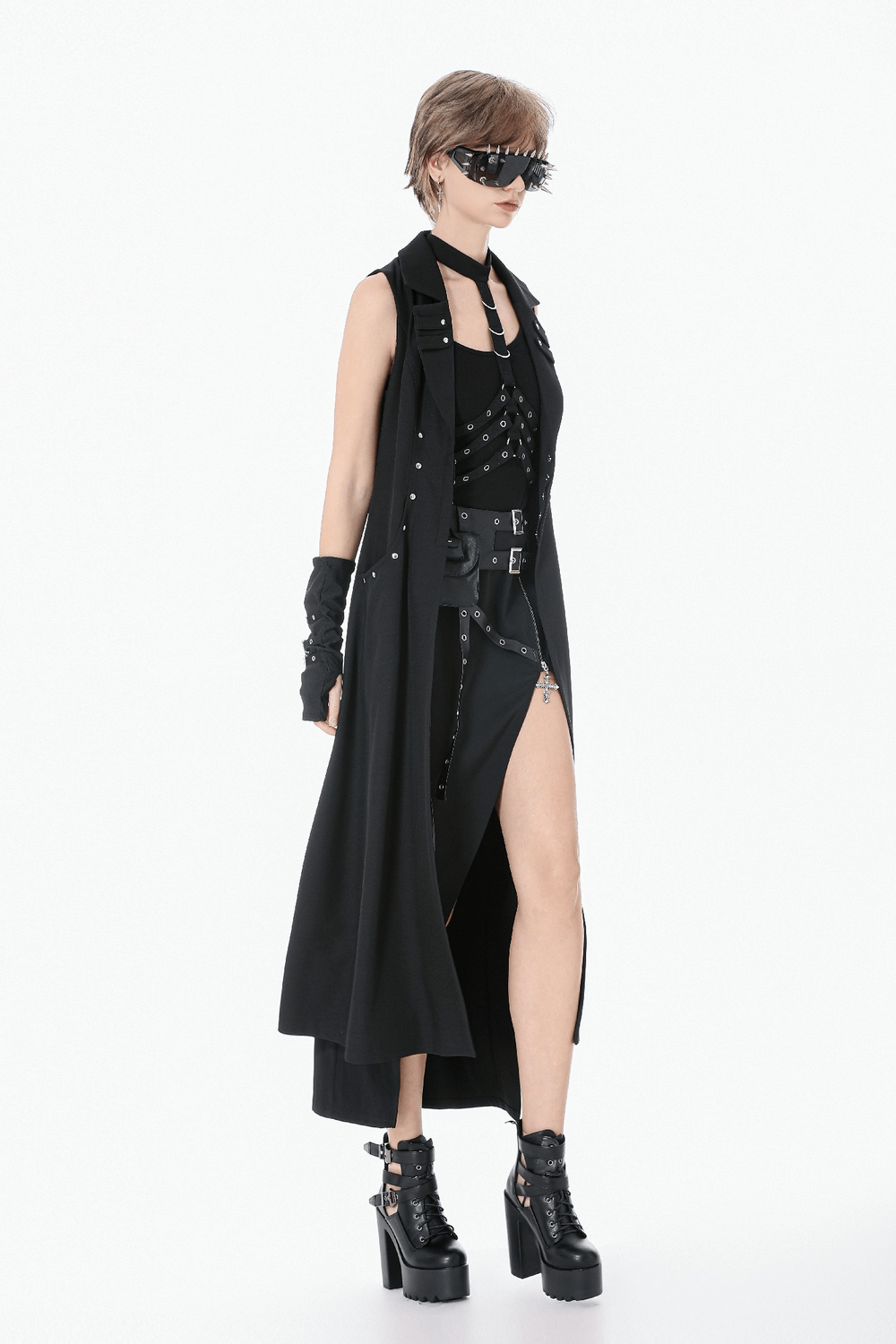 Gothic Long Cape with Studded Detail and Open Front in a bold fashion style, perfect for alternative outfits.