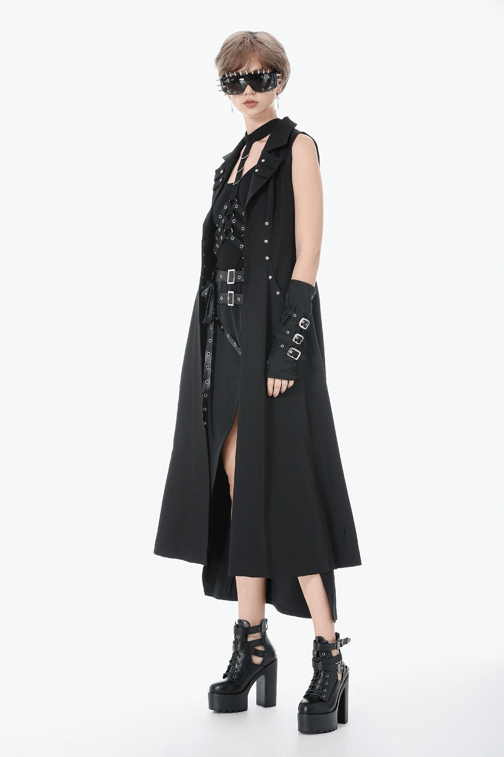 Gothic Long Cape with Studded Detail and Open Front worn by a model, showcasing bold fashion and edgy style.