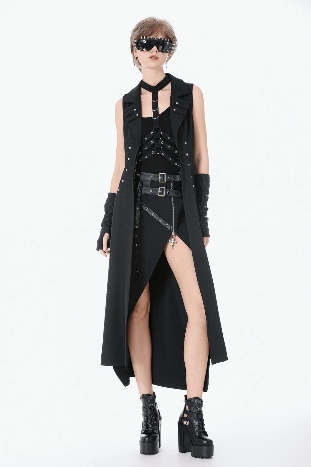 Gothic Long Cape with Studded Detail and Open Front worn with stylish accessories and edgy footwear.