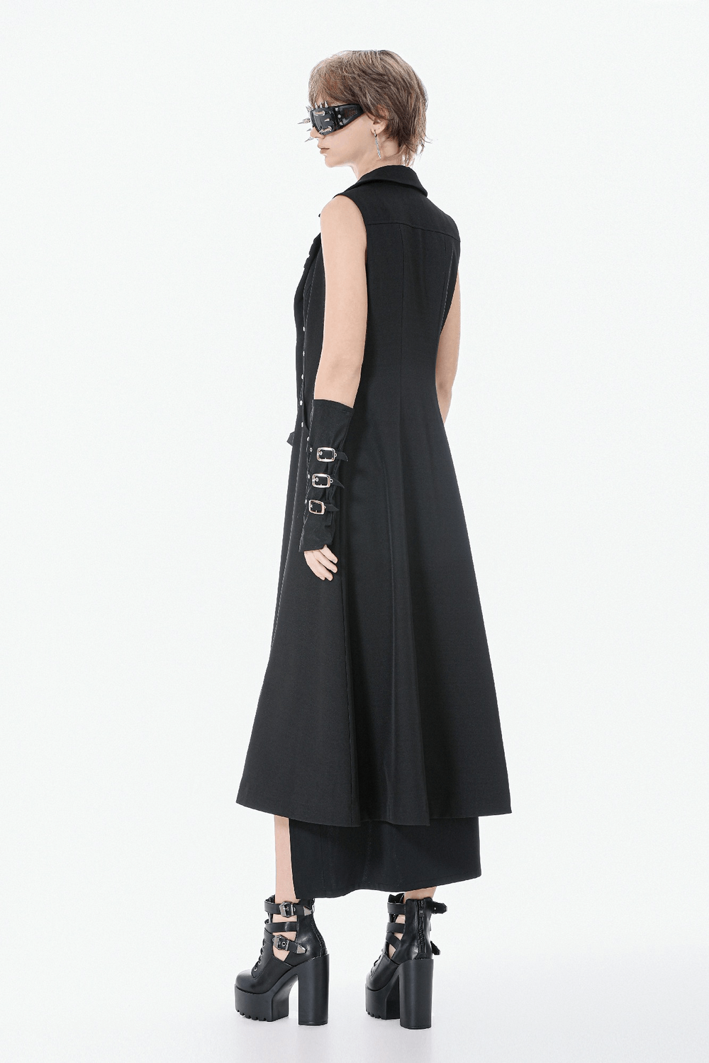 Gothic Long Cape with Studded Detail and Open Front shown on model from the back in a minimalist aesthetic.