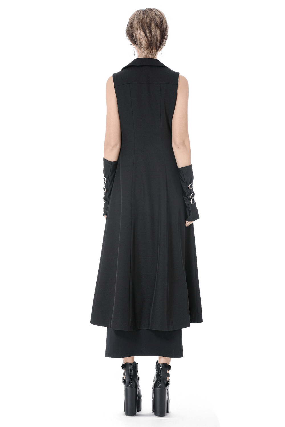 Gothic Long Cape with Studded Detail and Open Front shown from the back, perfect for bold fashion lovers.