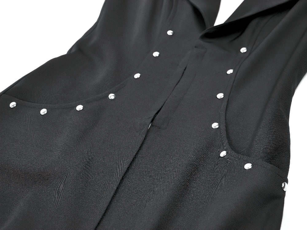 Gothic Long Cape with Studded Detail and Open Front showcasing silver studs on a black fabric.