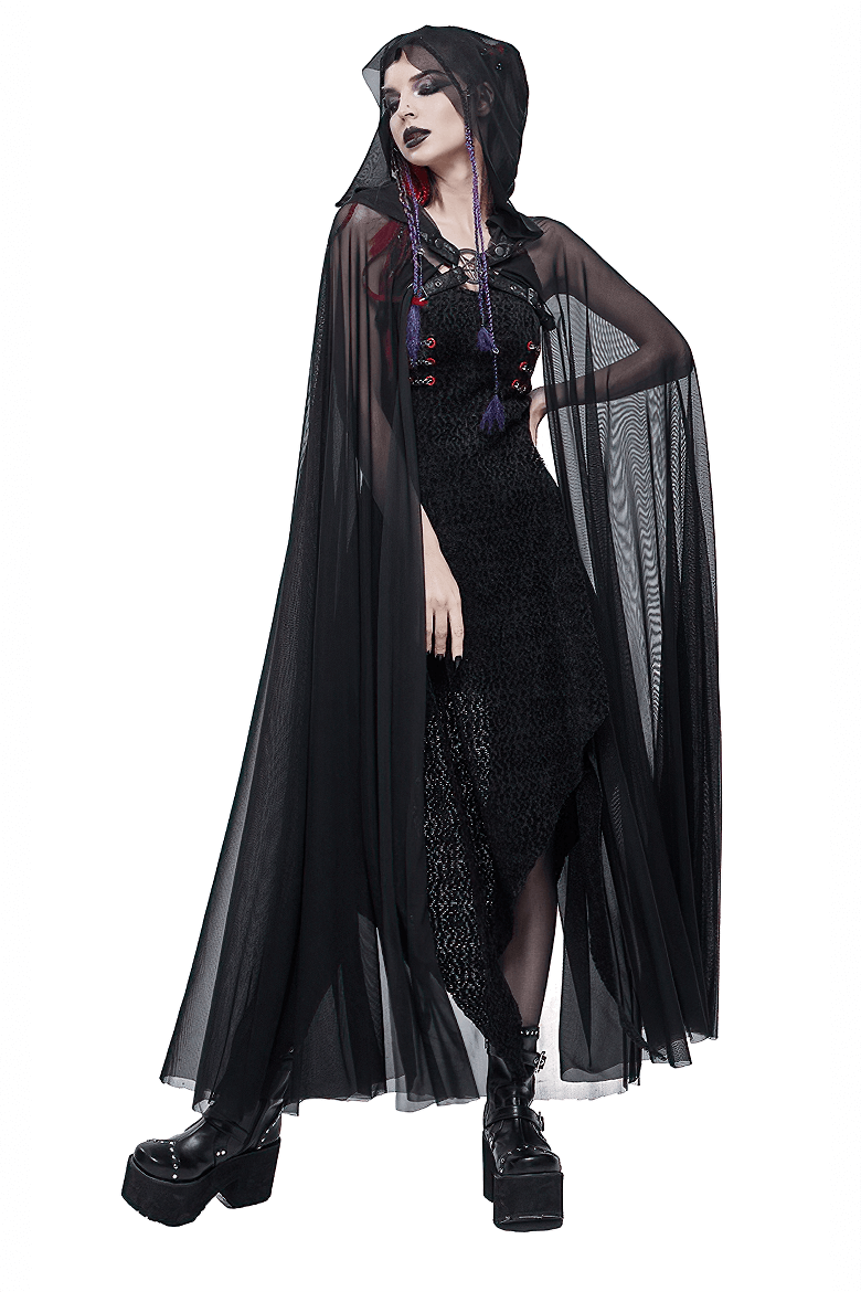 Gothic Long Cloak with Hood / Elegant Women's Buckles Sheer Cape