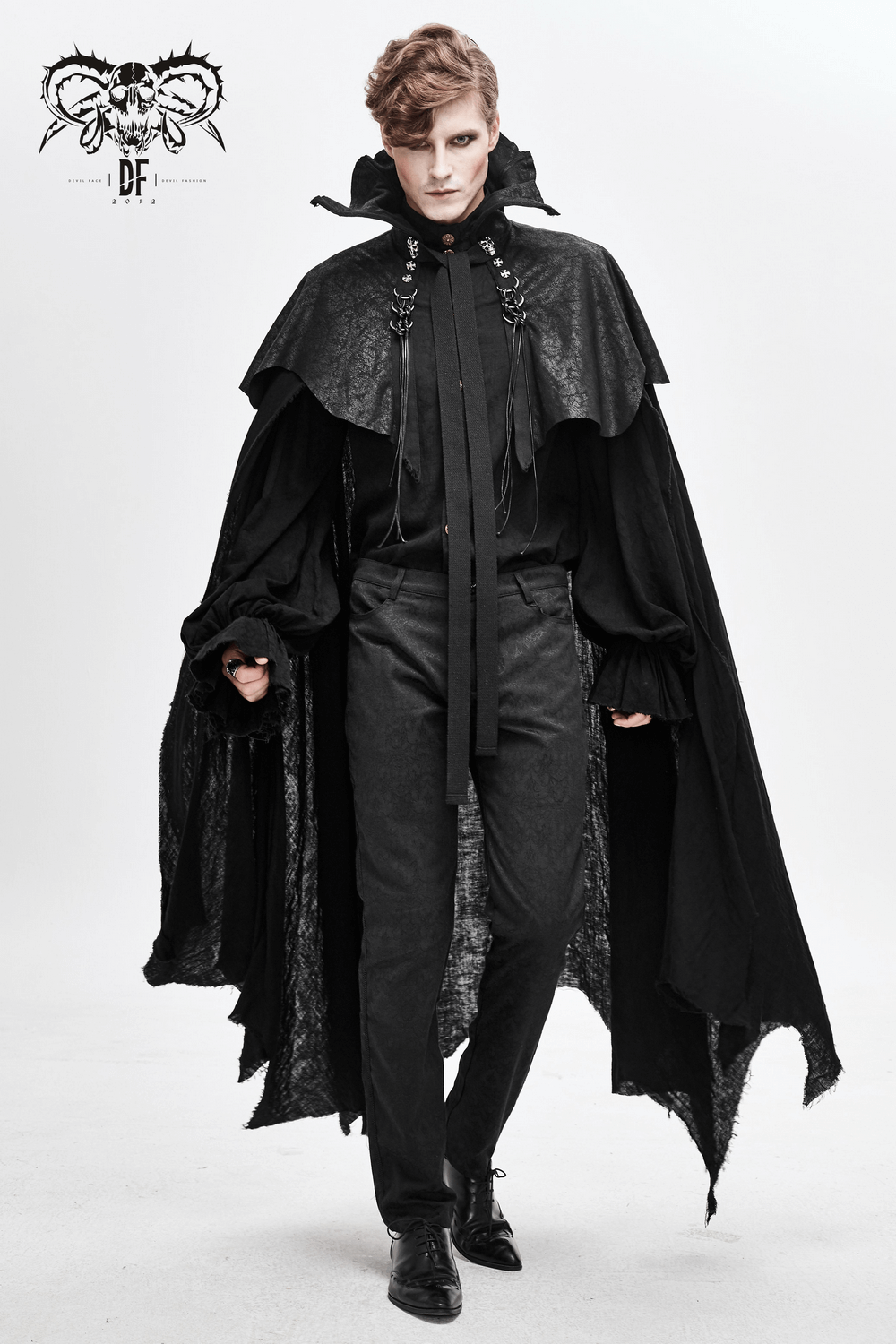 Elegant male in a gothic long black cloak with stand-up collar, perfect for evening events and Halloween.