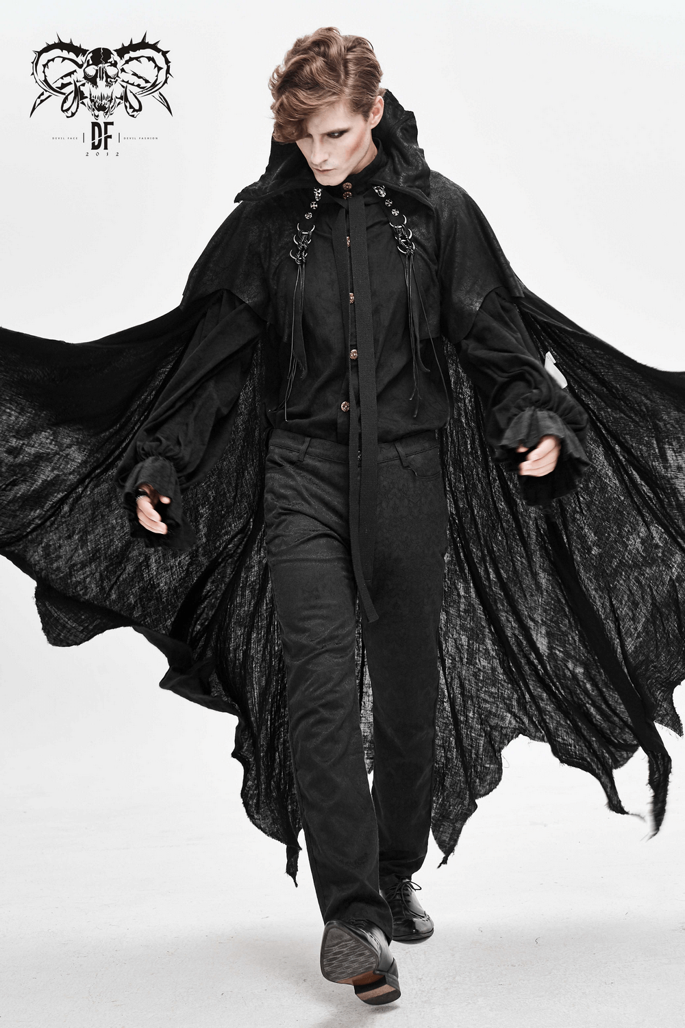 Gothic long cloak for men with stand-up collar, perfect for evening events and Halloween costumes.