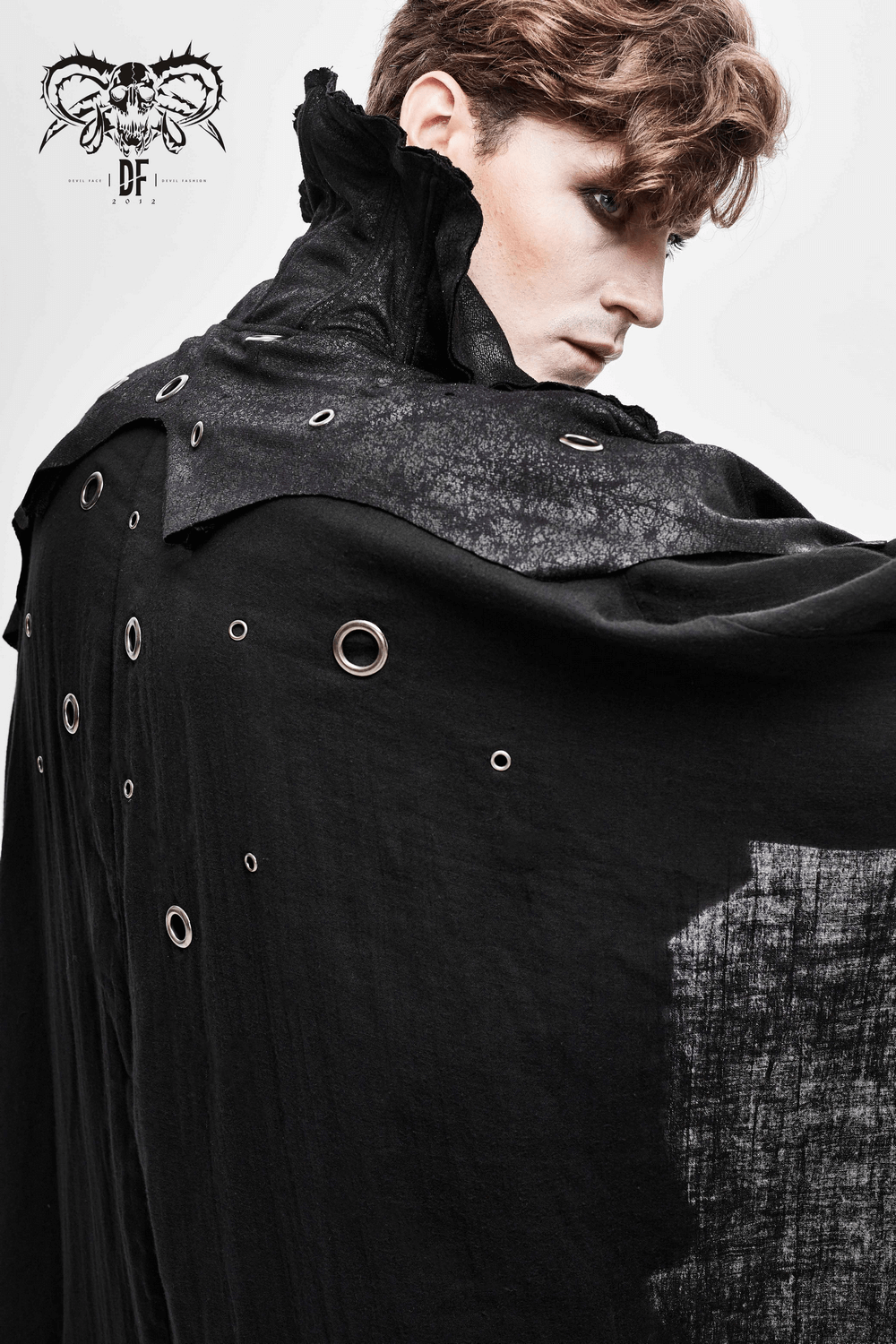 Elegant black gothic cloak for men showcasing a dramatic stand-up collar and unique grommet details.