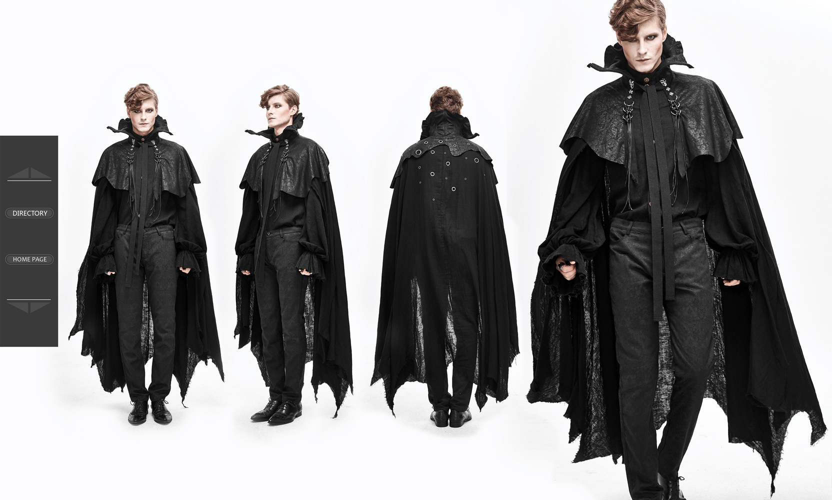 Gothic long black cloak for men with stand-up collar and flowing sleeves, perfect for Halloween or cosplay.
