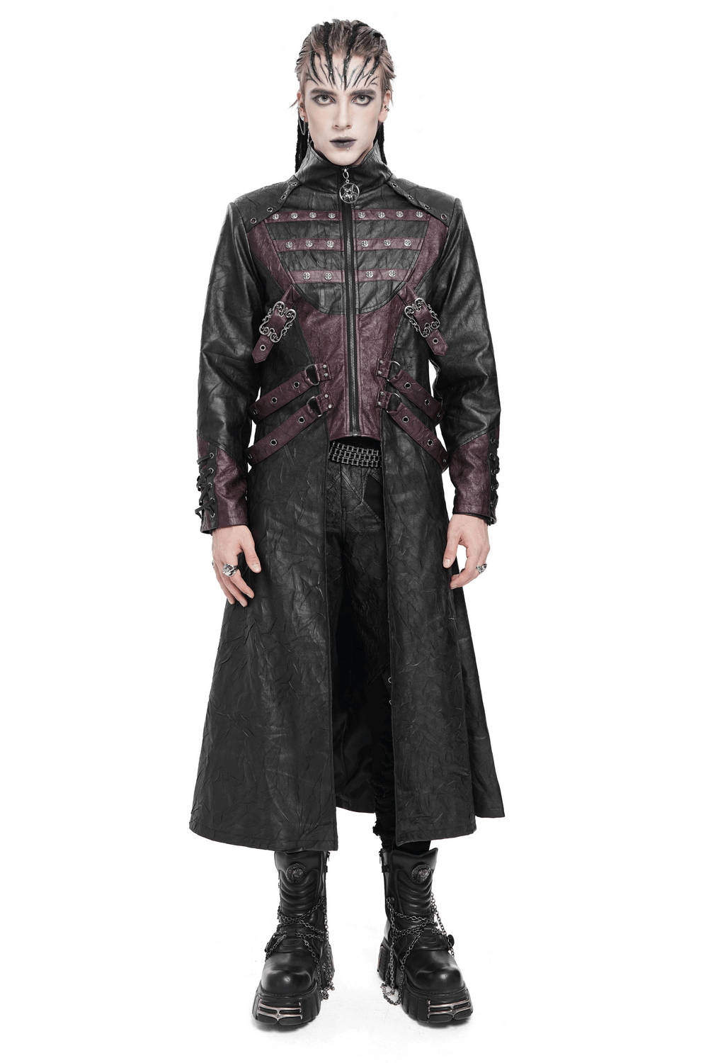 Gothic Long Coat with Buckled Panels and Metal Accents displayed by a model.