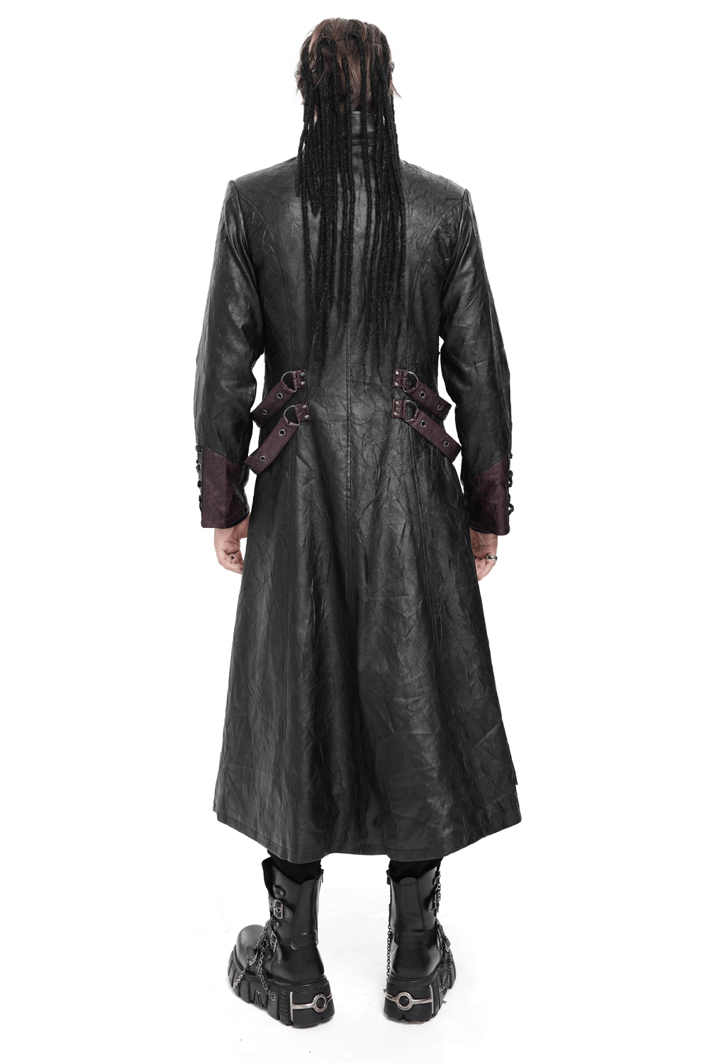 Gothic Long Coat with Buckled Panels and Metal Accents showcasing the back view and intricate buckle details.
