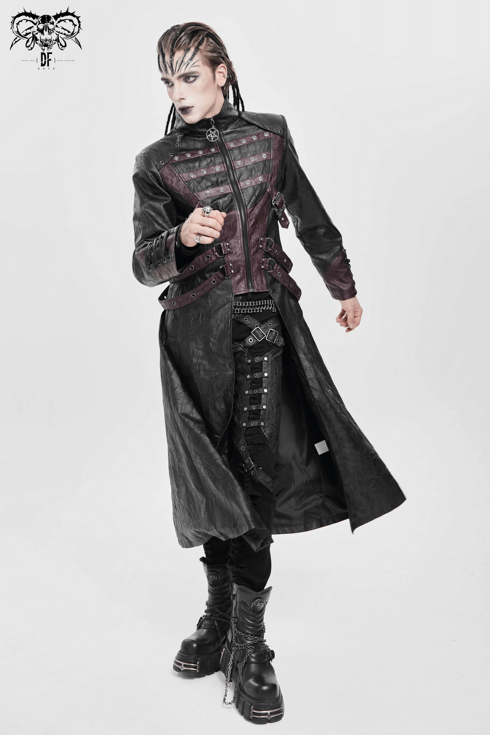 Gothic Long Coat with Buckled Panels and Metal Accents worn by a stylish model posing dramatically.