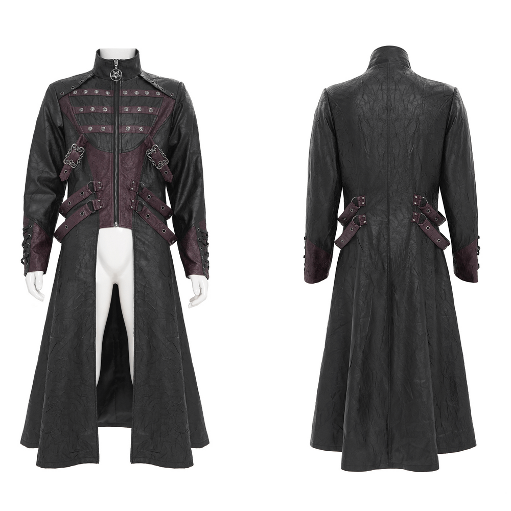 Gothic Long Coat with Buckled Panels and Metal Accents displayed from front and back view.